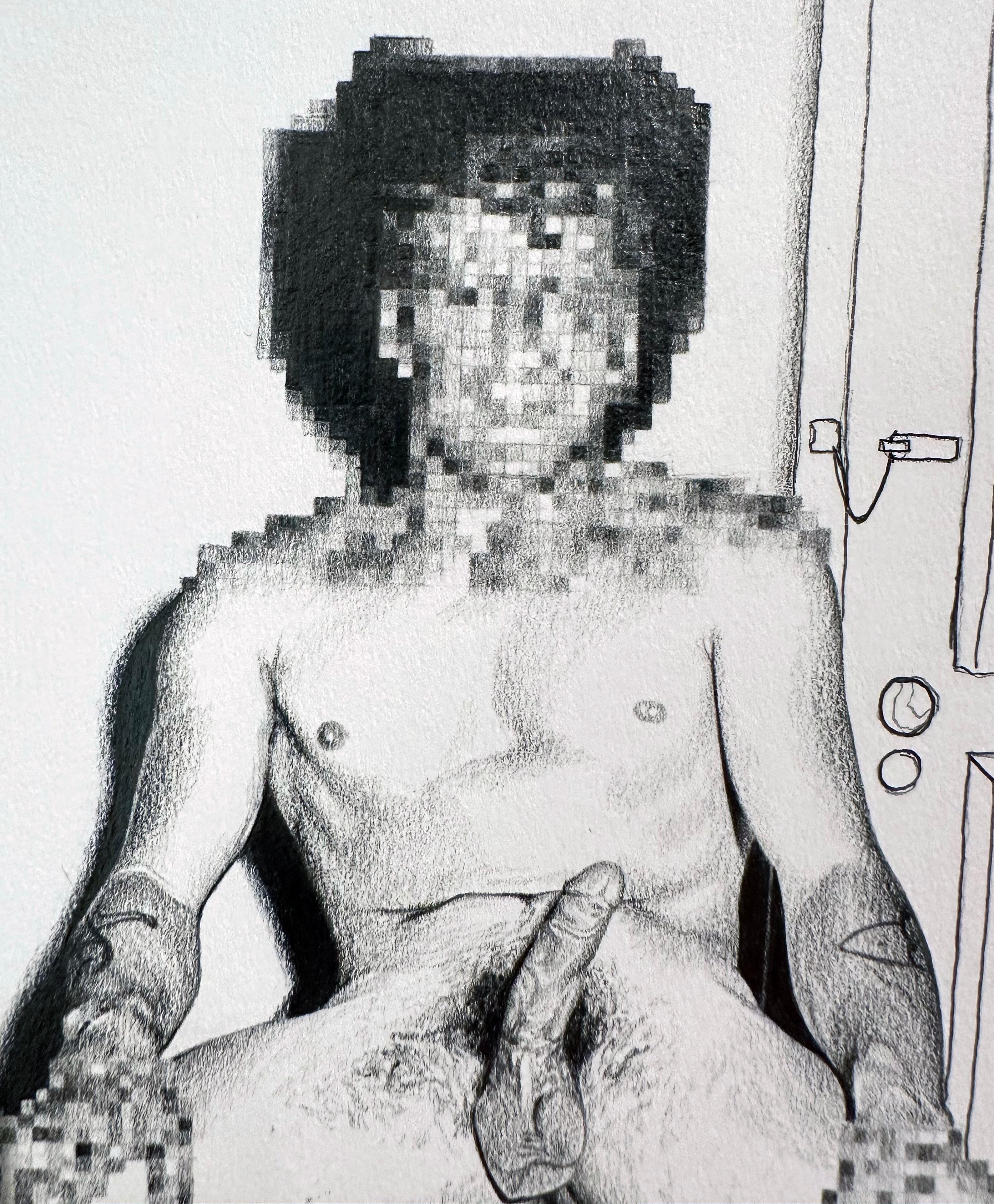 Outskirts Delivery - Graphite Drawing of Naked Cowboy with Blurred Face & Hands - Contemporary Art by Jane Birch