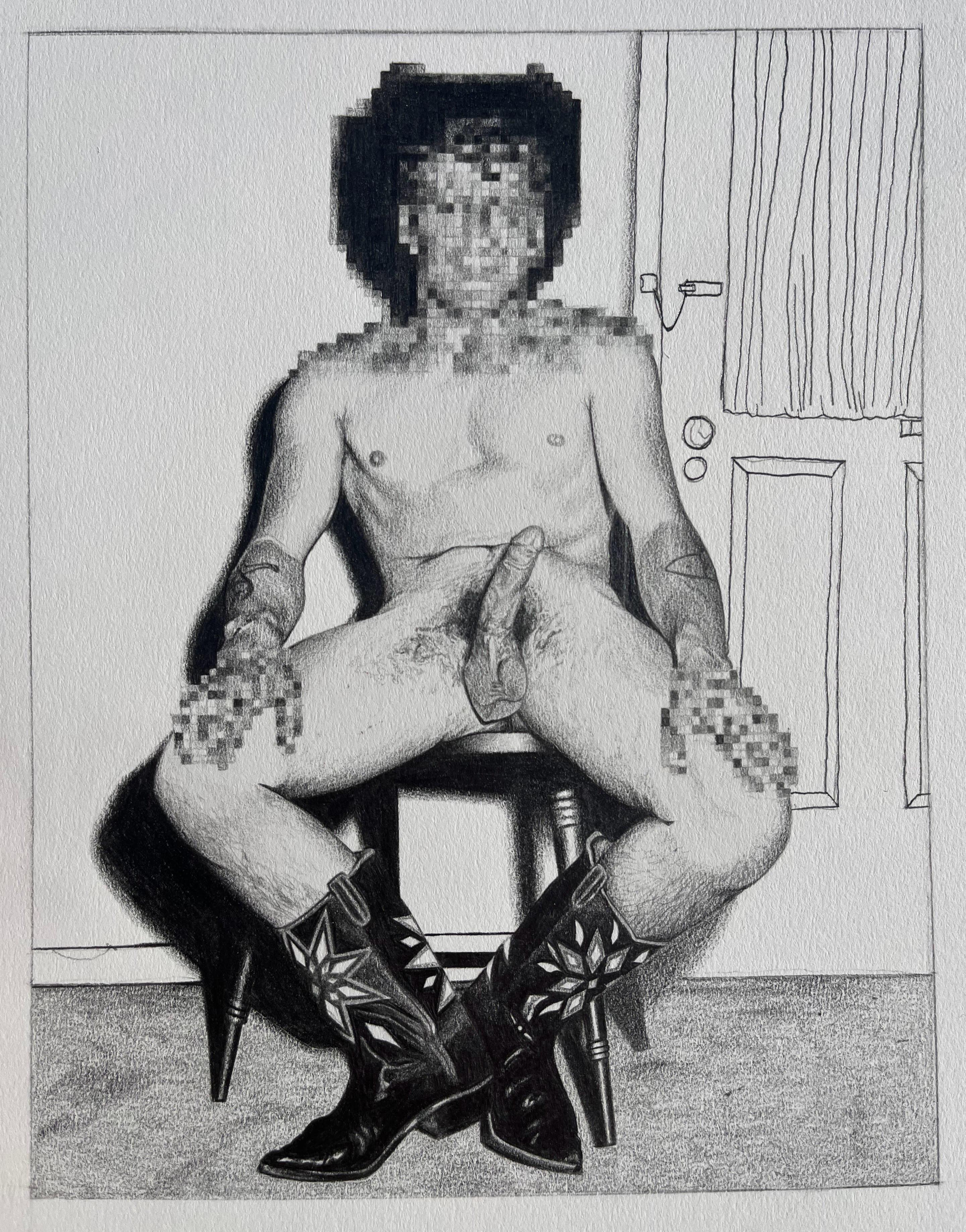 Outskirts Delivery - Graphite Drawing of Naked Cowboy with Blurred Face & Hands For Sale 1