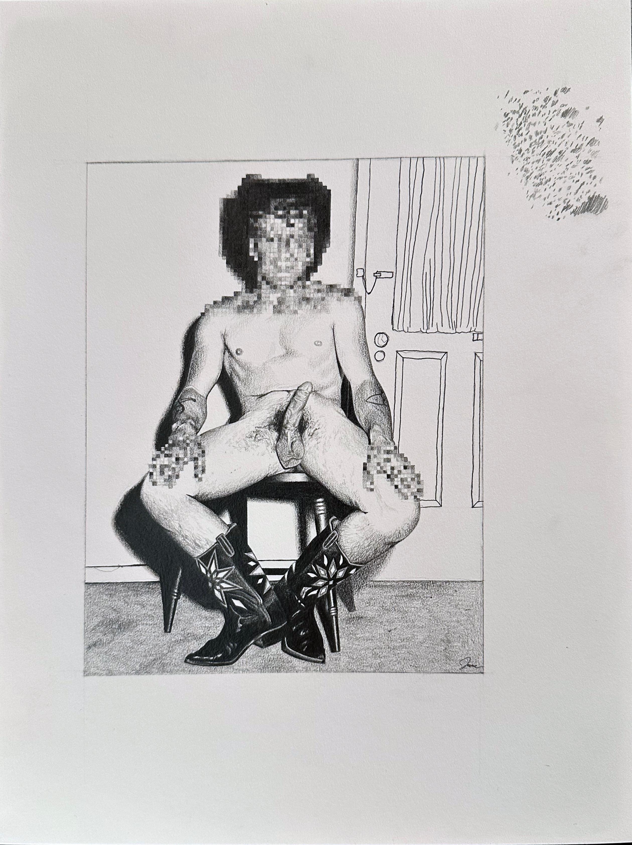 Outskirts Delivery - Graphite Drawing of Naked Cowboy with Blurred Face & Hands - Art by Jane Birch