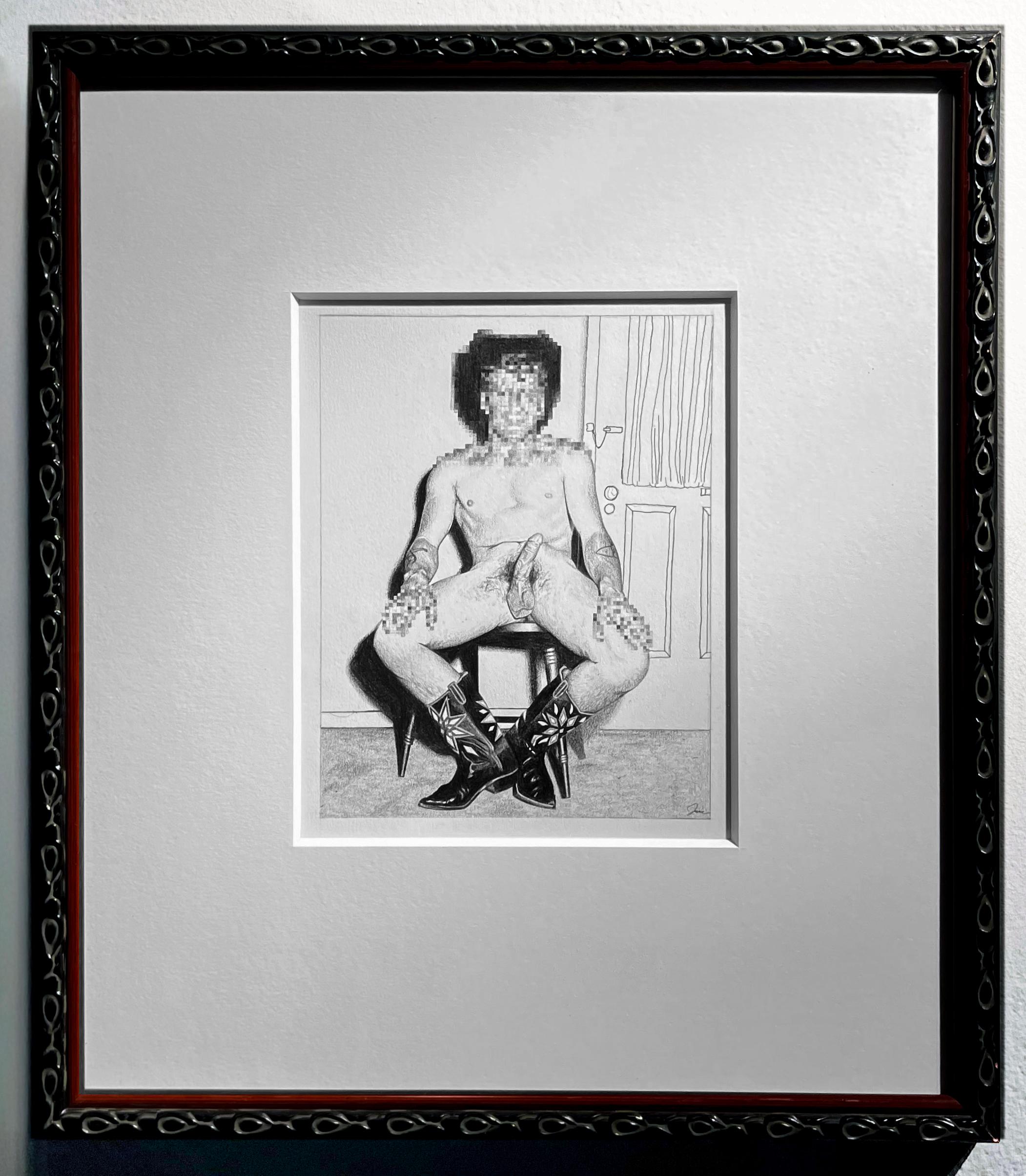 Outskirts Delivery - Graphite Drawing of Naked Cowboy with Blurred Face & Hands For Sale 2
