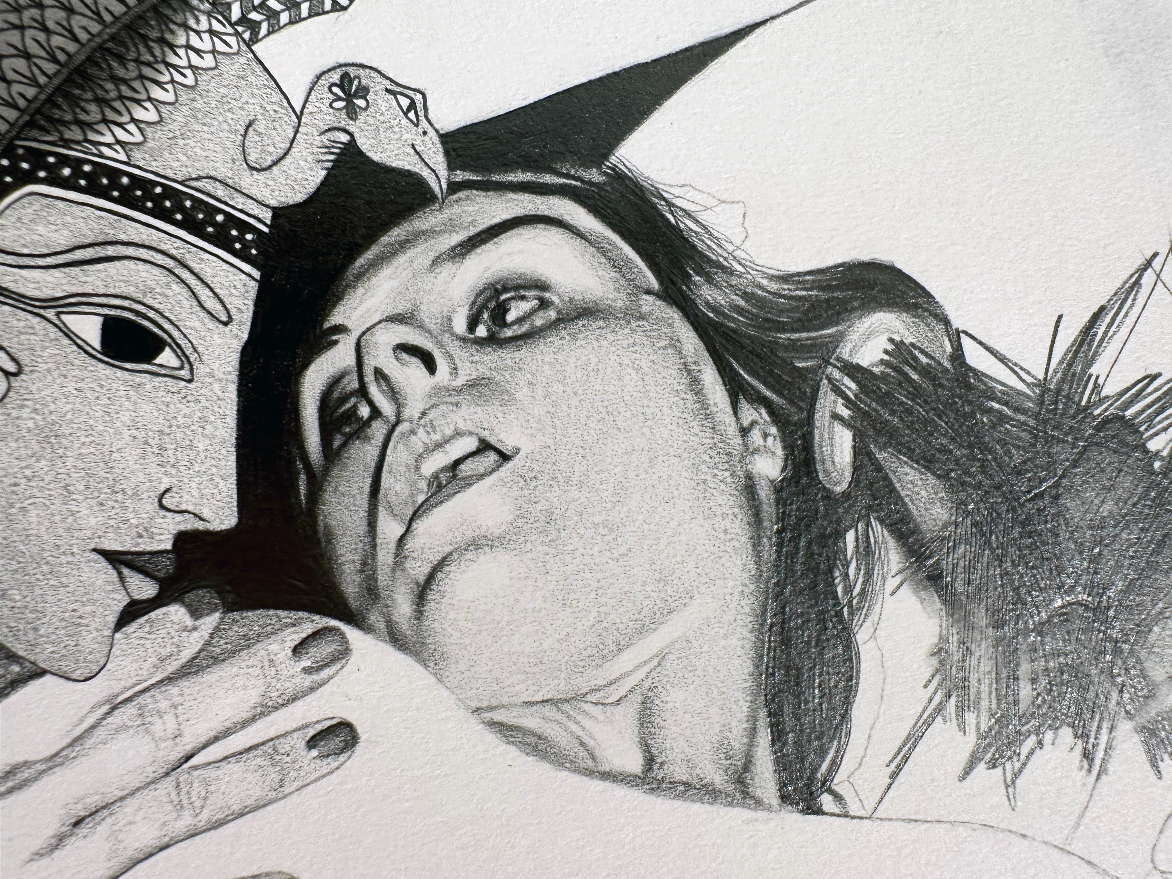 Eros - Greek Goddess of Love, Sex and Desire, Graphite Drawing, Framed - Gray Nude by Jane Birch