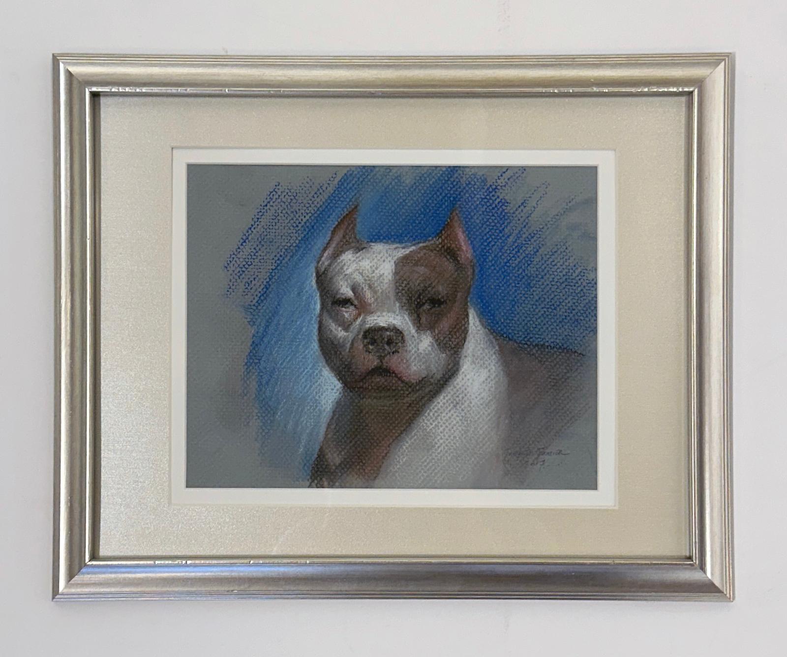 Bulldogge, Zeichnungsstudie einer braunen und weißen Bulldogge, mattiert und gerahmt (Braun), Animal Art, von Rose Freymuth-Frazier