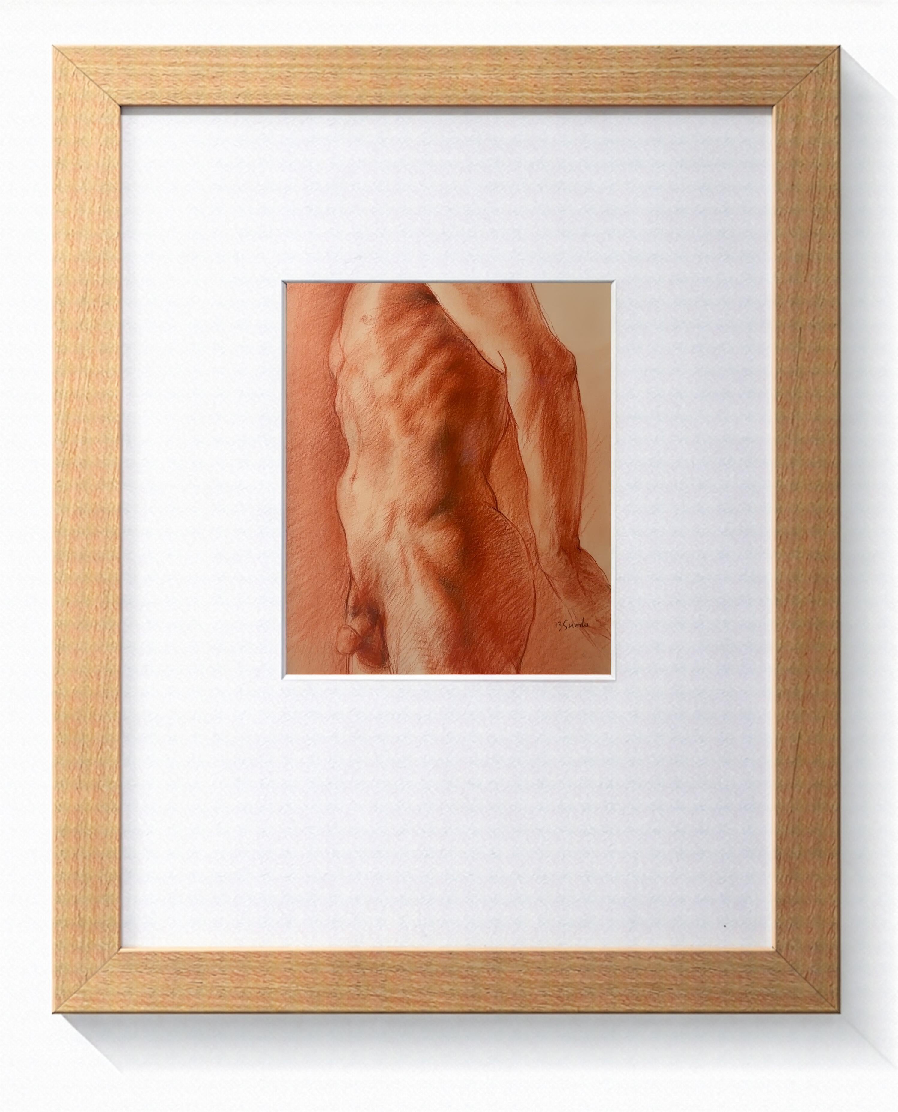 Untitled Male Nude - Bruno Surdo, Original Sanguine Conté Figure Drawing