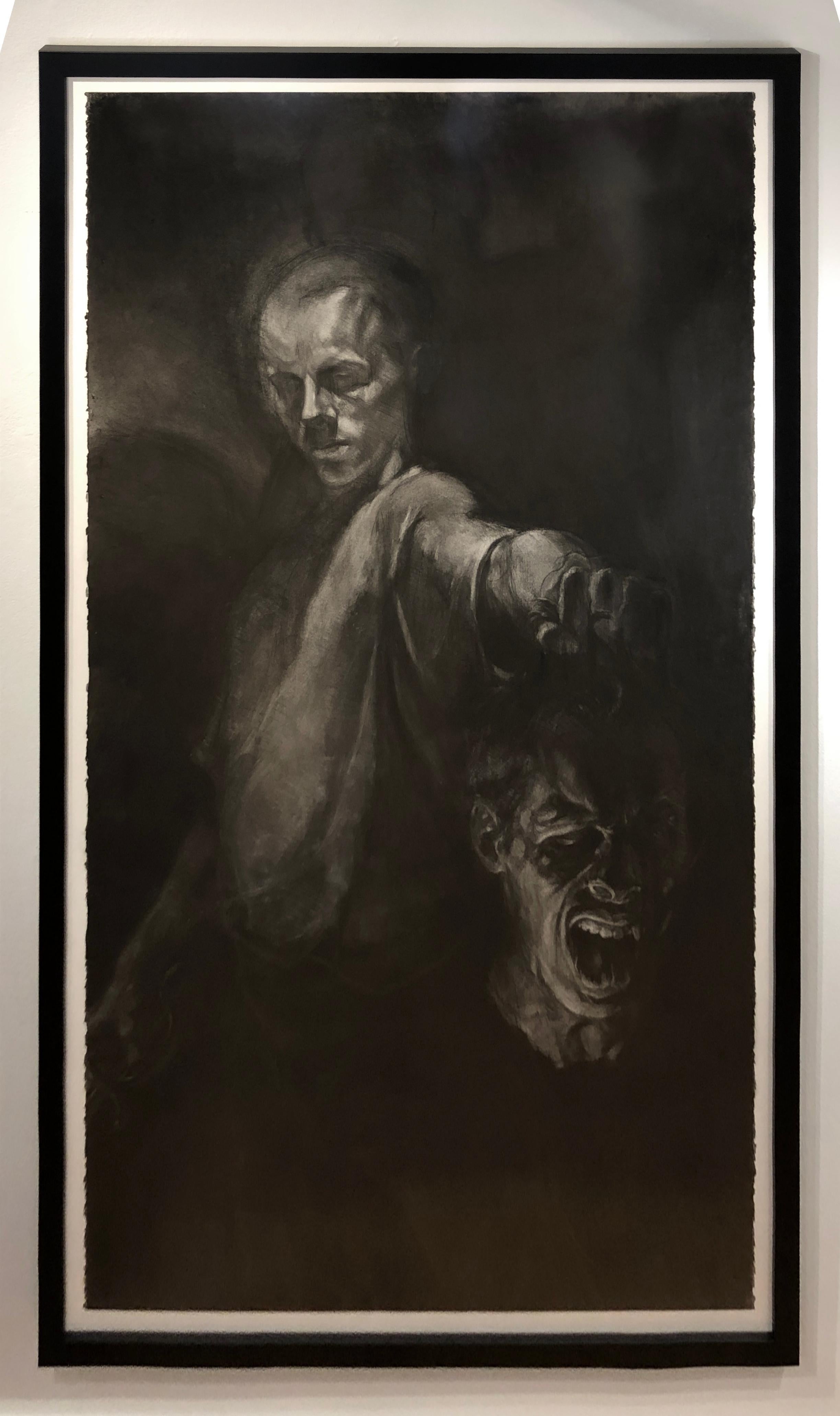David & Goliath - Caravaggio Inspired Monumental Double Self-Portrait, Charcoal - Painting by Christopher Ganz