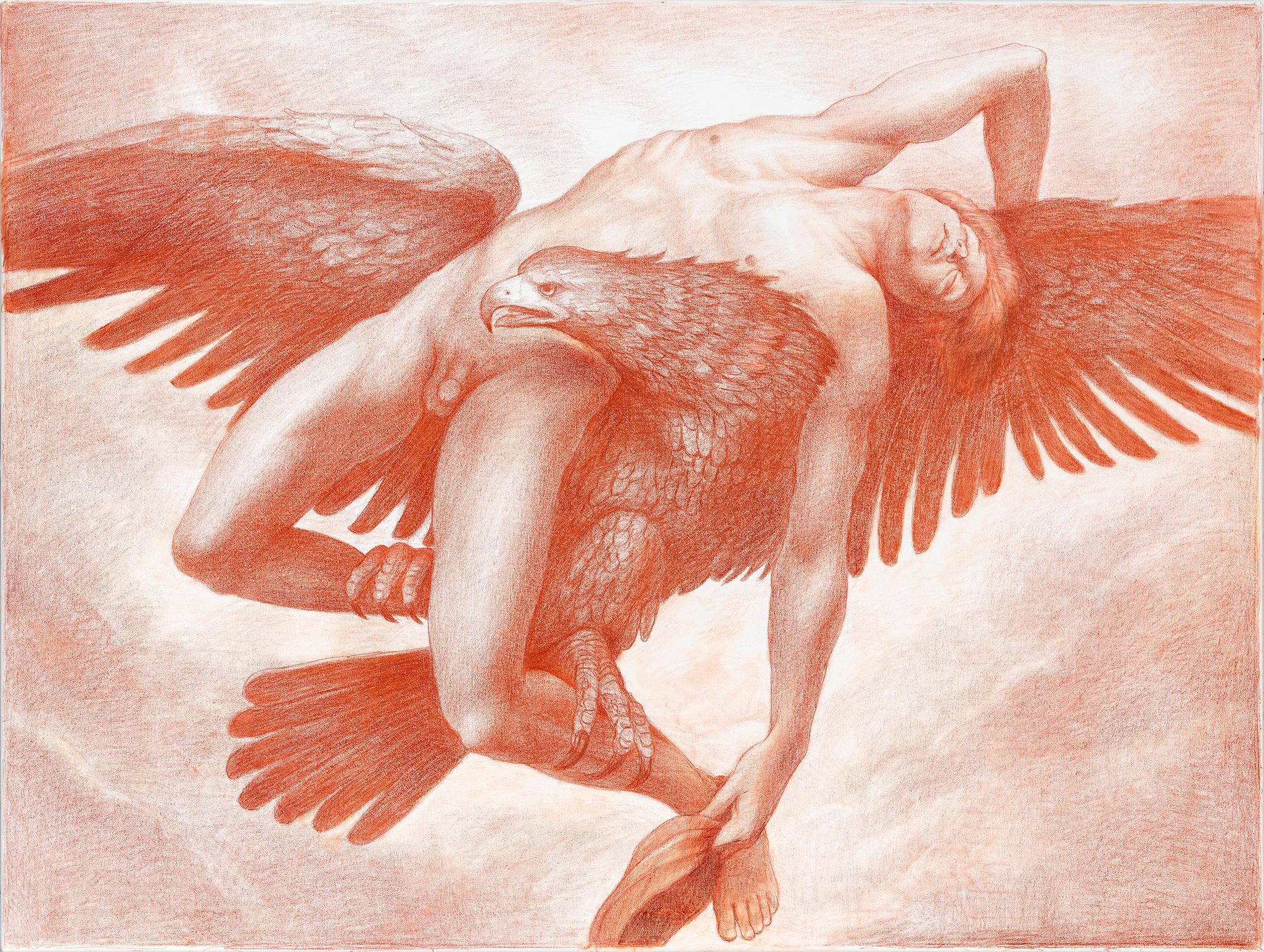 Ganymede's Seduction, Sanguine on Canvas, Figurative, 30h x 40w in