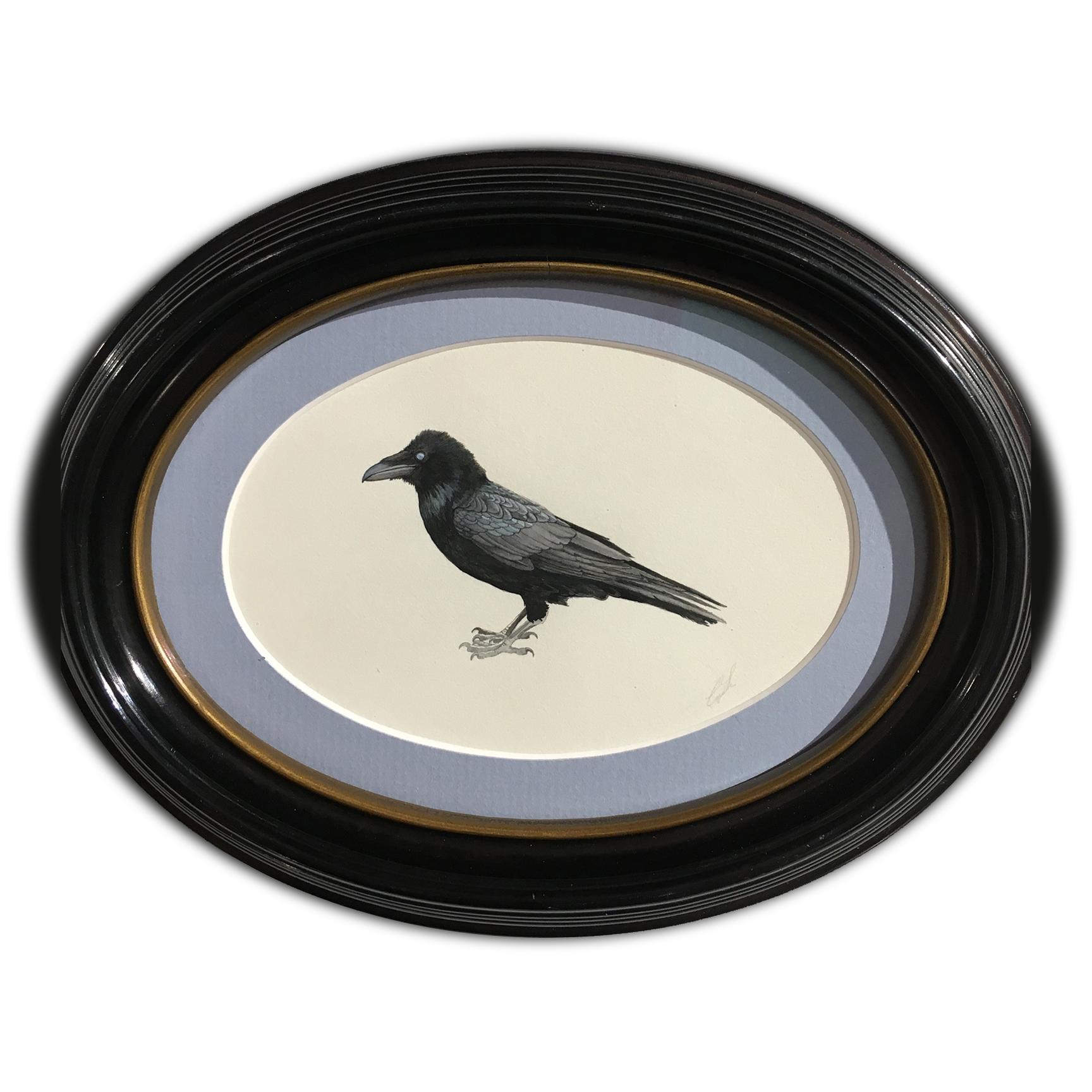 Cynthia Large Animal Painting - Zombie Raven II - Highly Detailed Watercolor Painting in Oval Frame