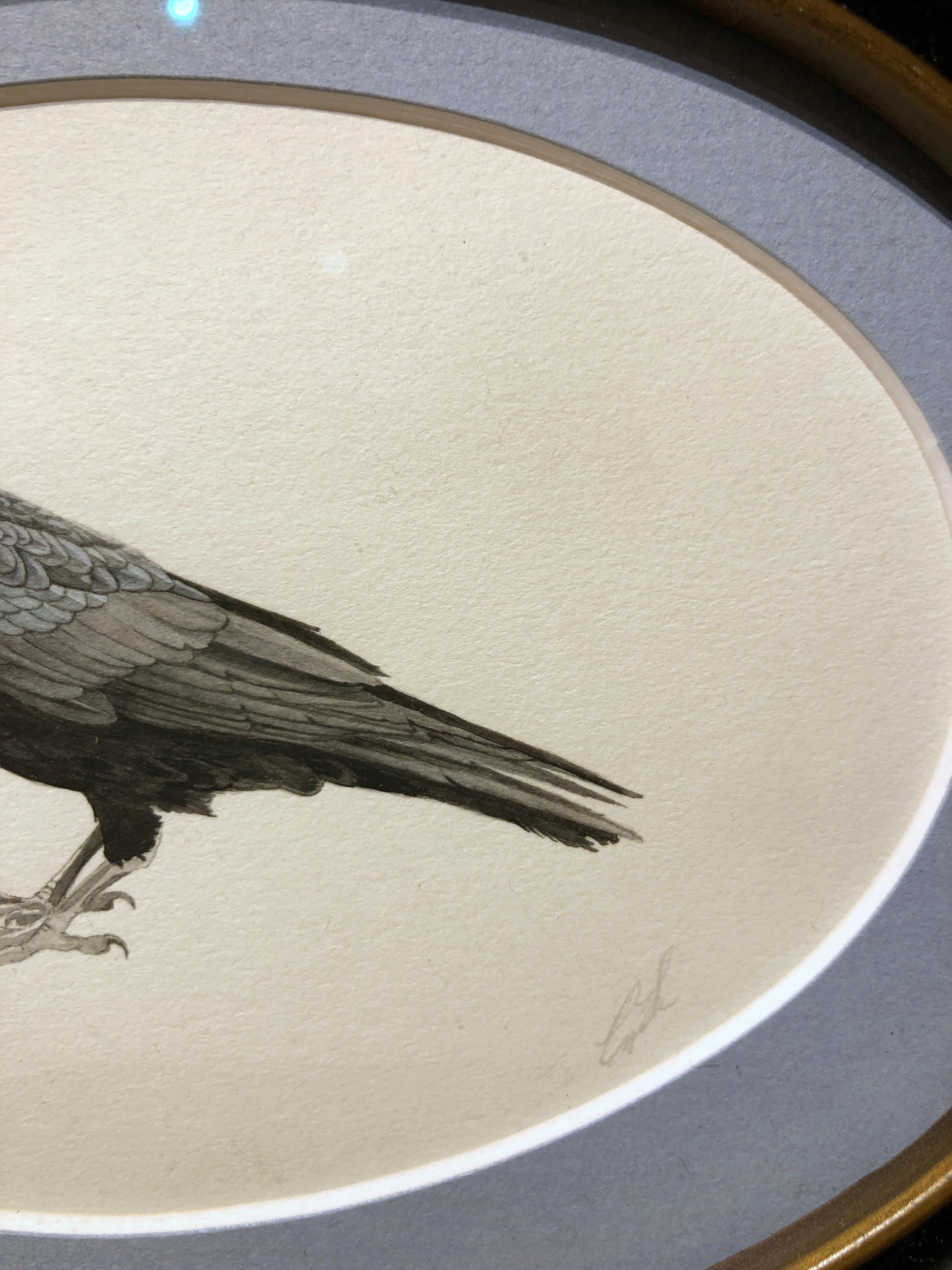 Zombie Raven II - Highly Detailed Watercolor Painting in Oval Frame - White Animal Painting by Cynthia Large