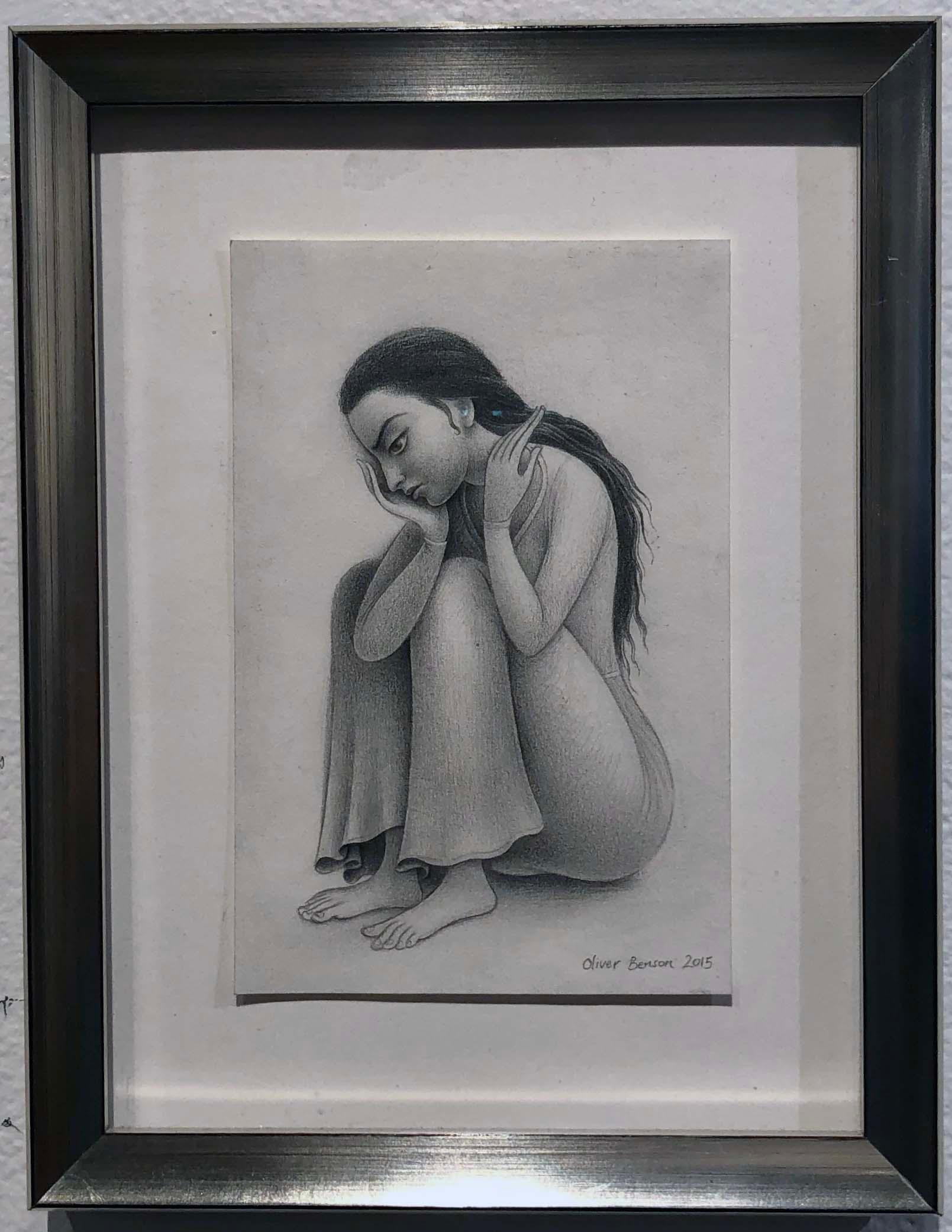 Despondent Maiden, Female Figure, Highly Detailed Pencil Drawing, Framed - Art by Oliver Hazard