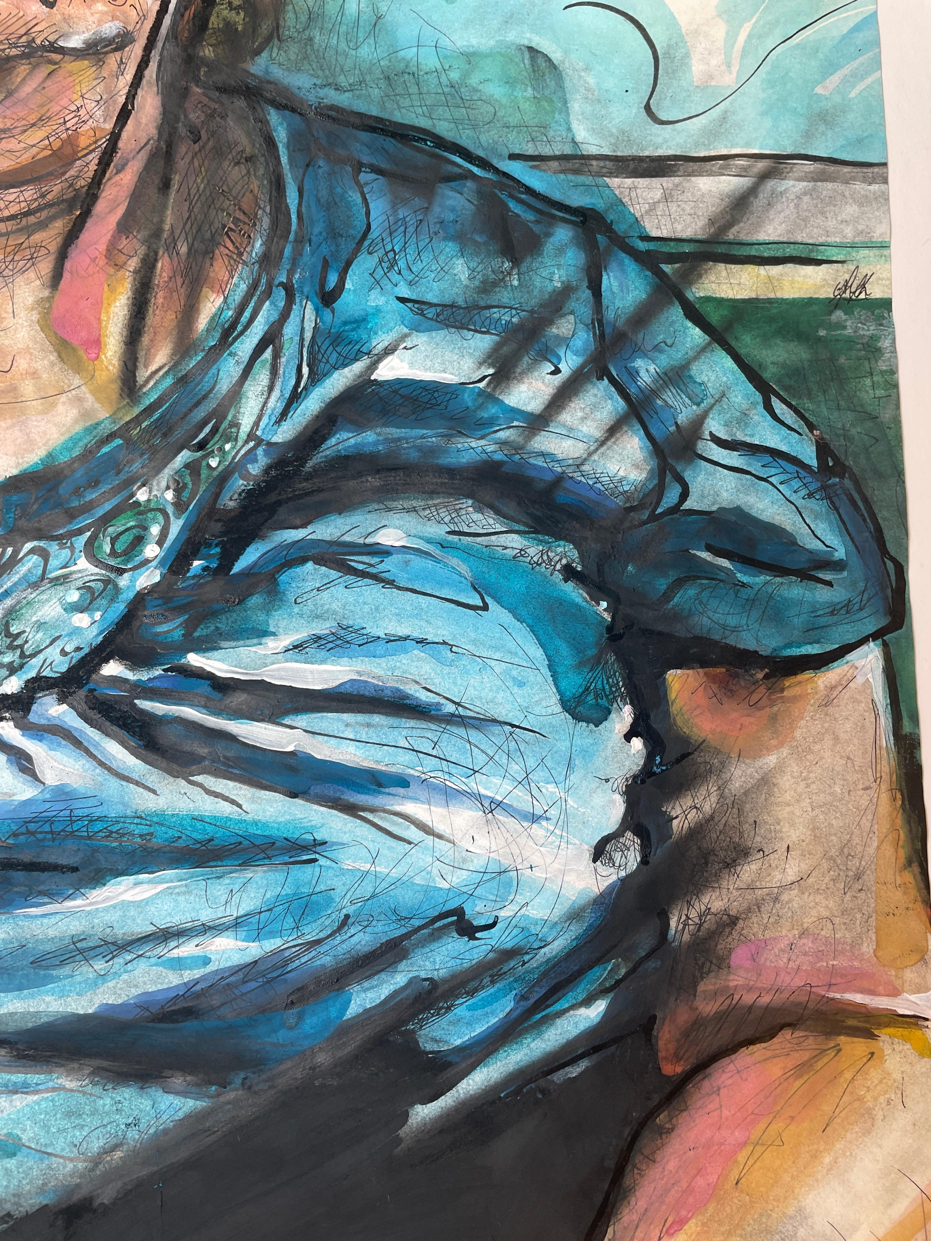 Bask, Porträt einer dunkelhaarigen Frau in blauem Hemd, Original-Kunstwerk im Angebot 1