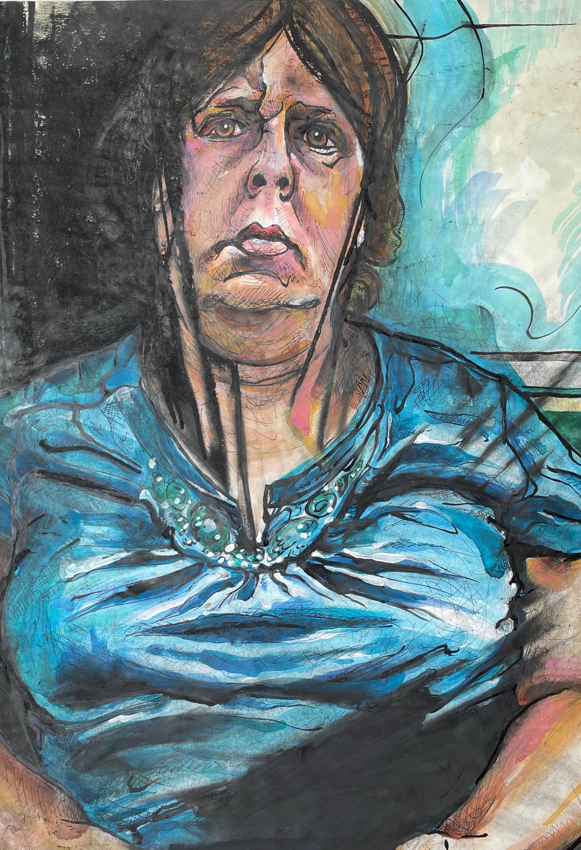 Bask, Portrait d'une femme aux cheveux foncés en chemise bleue, œuvre d'art originale - Noir Figurative Art par Garek