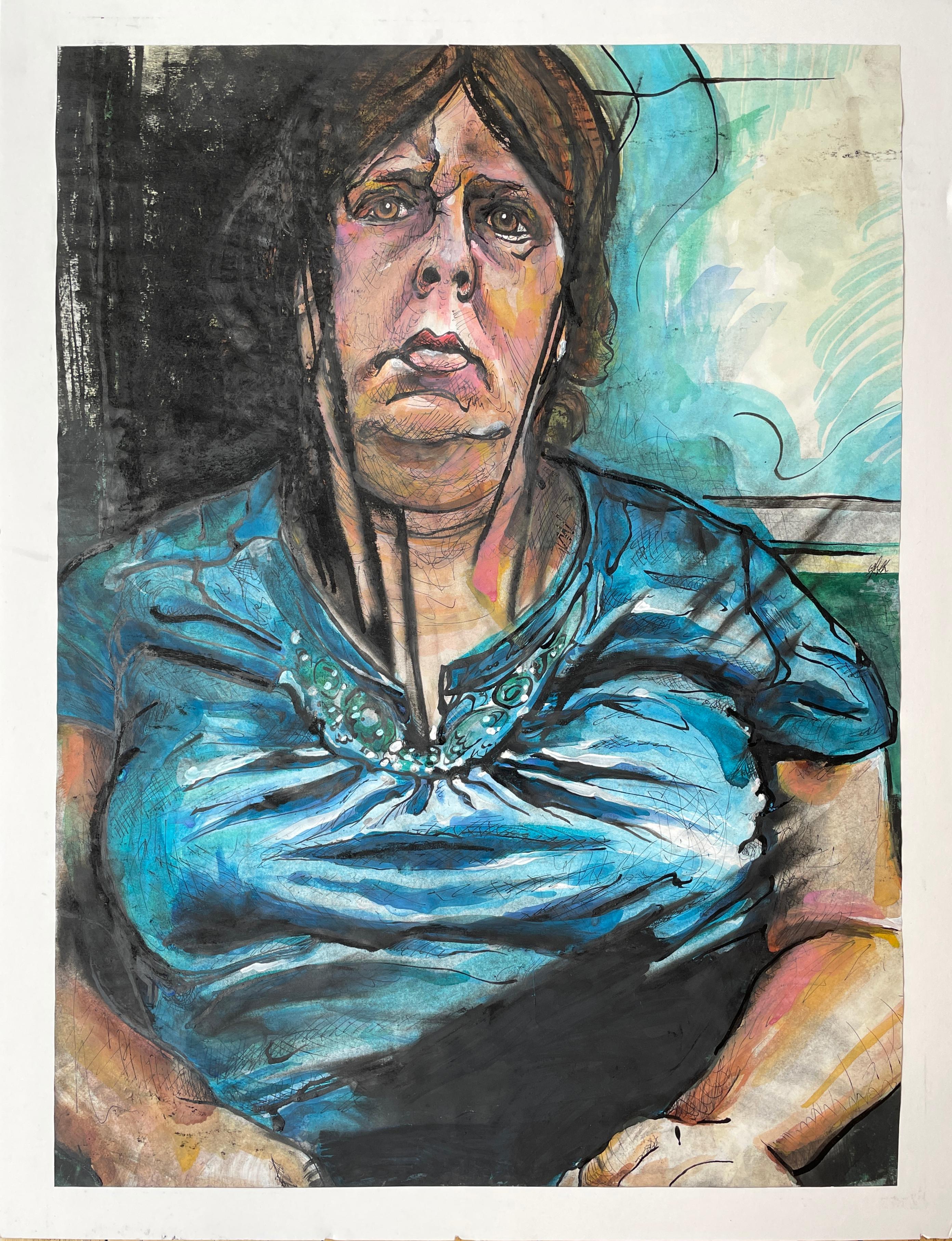 Bask, Porträt einer dunkelhaarigen Frau in blauem Hemd, Original-Kunstwerk (Zeitgenössisch), Art, von Garek