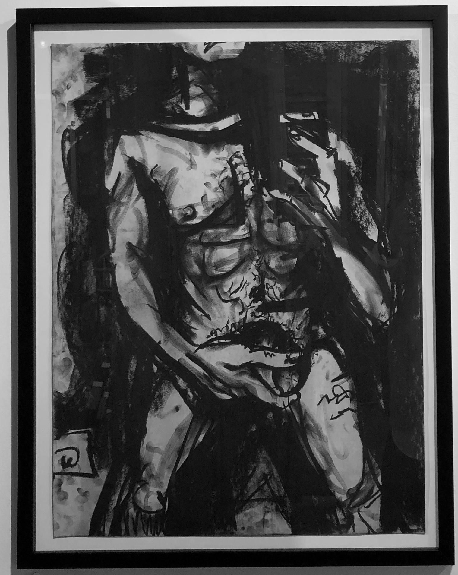 Grip, Male Nude Selfie, Charcoal on Paper, Framed - Art by Garek