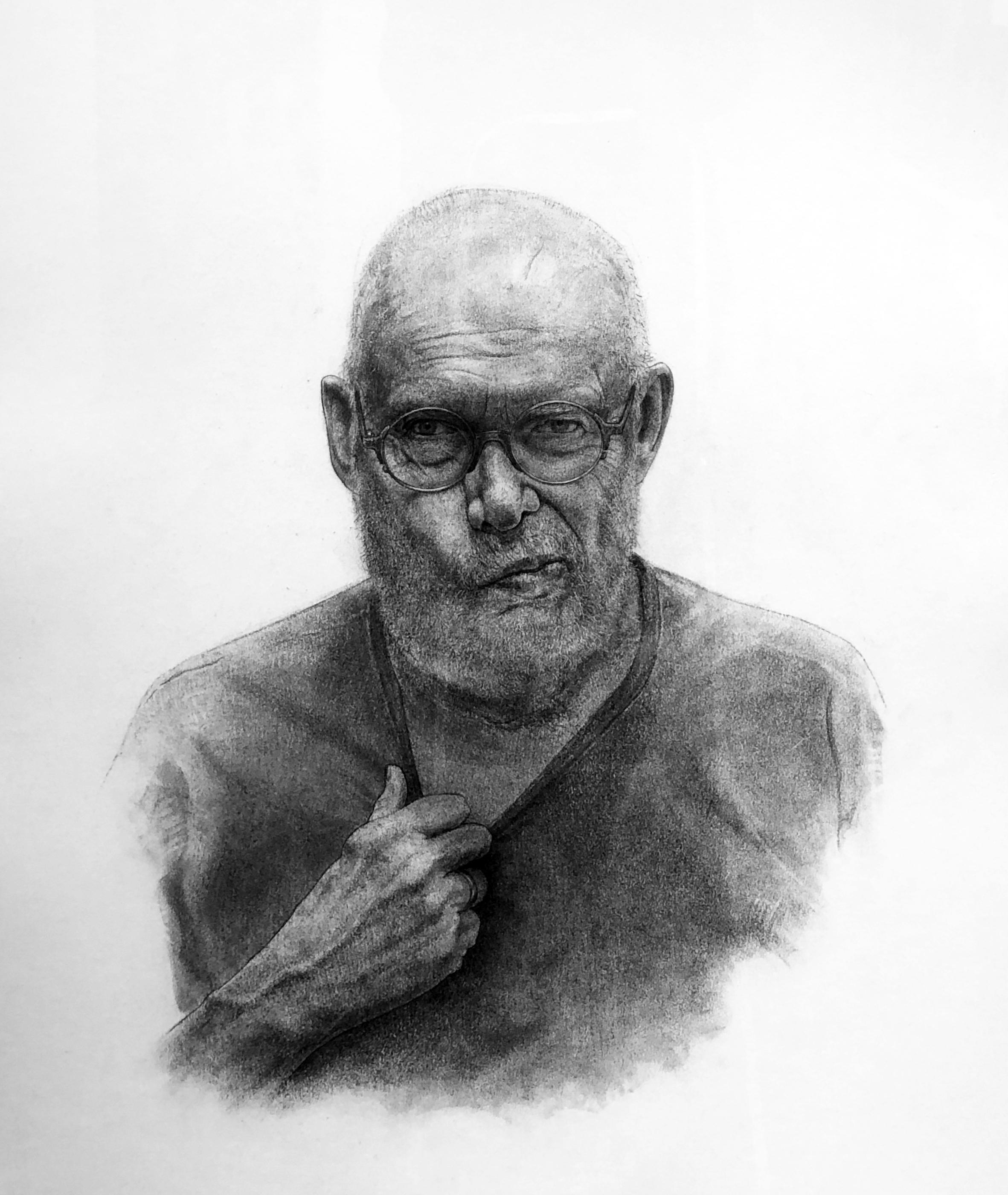 Self Portrait at 80 - Realist Charcoal on Paper Drawing, Artist Self Portrait - Gray Figurative Art by David Becker