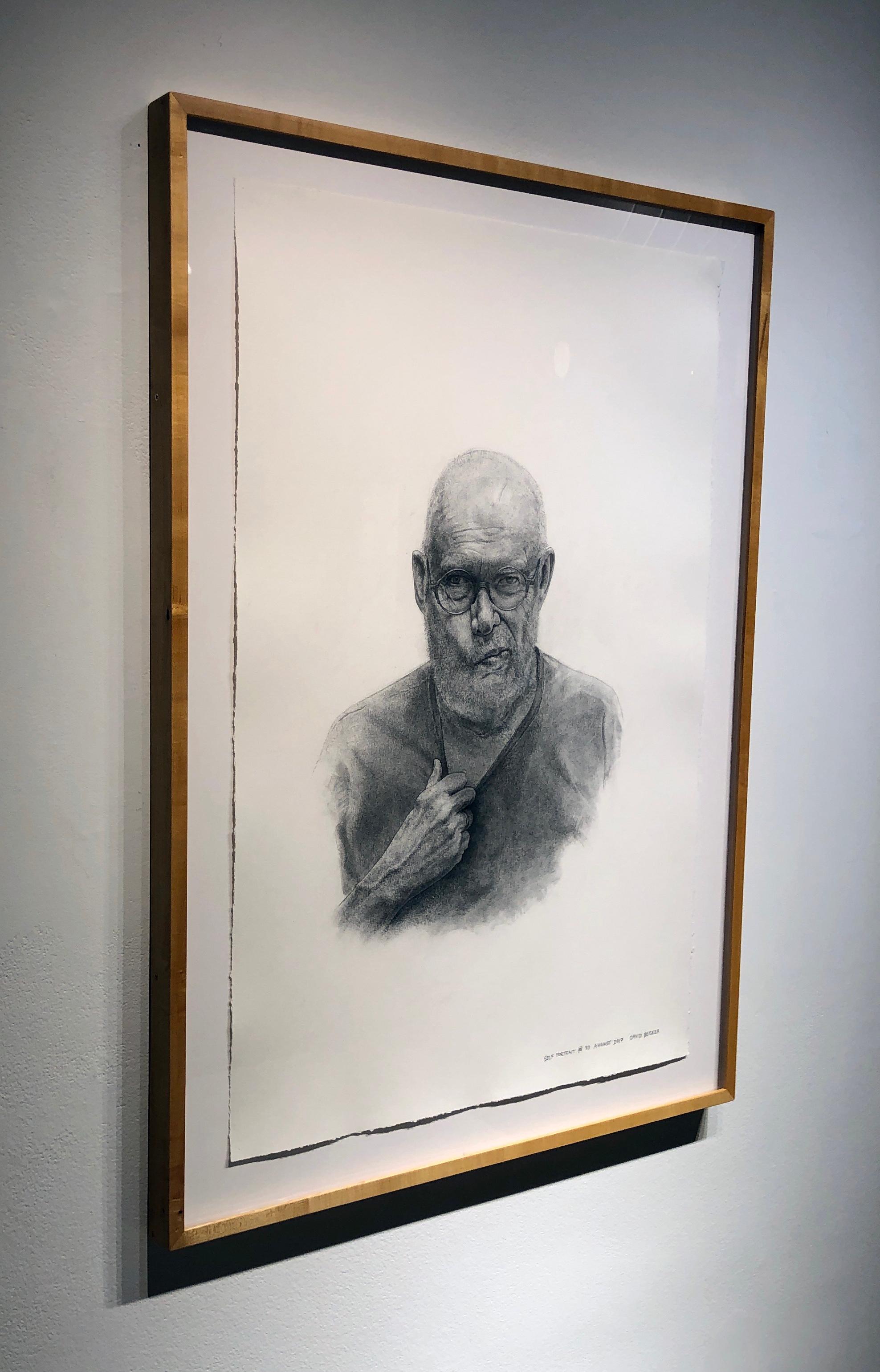 Facial expressions are used to convey information from one person to another.  Here the viewer has a sense of how the artist feels about celebrating his 80th birthday.  A master with vine charcoal, David Becker uses it with precision.  With a rich