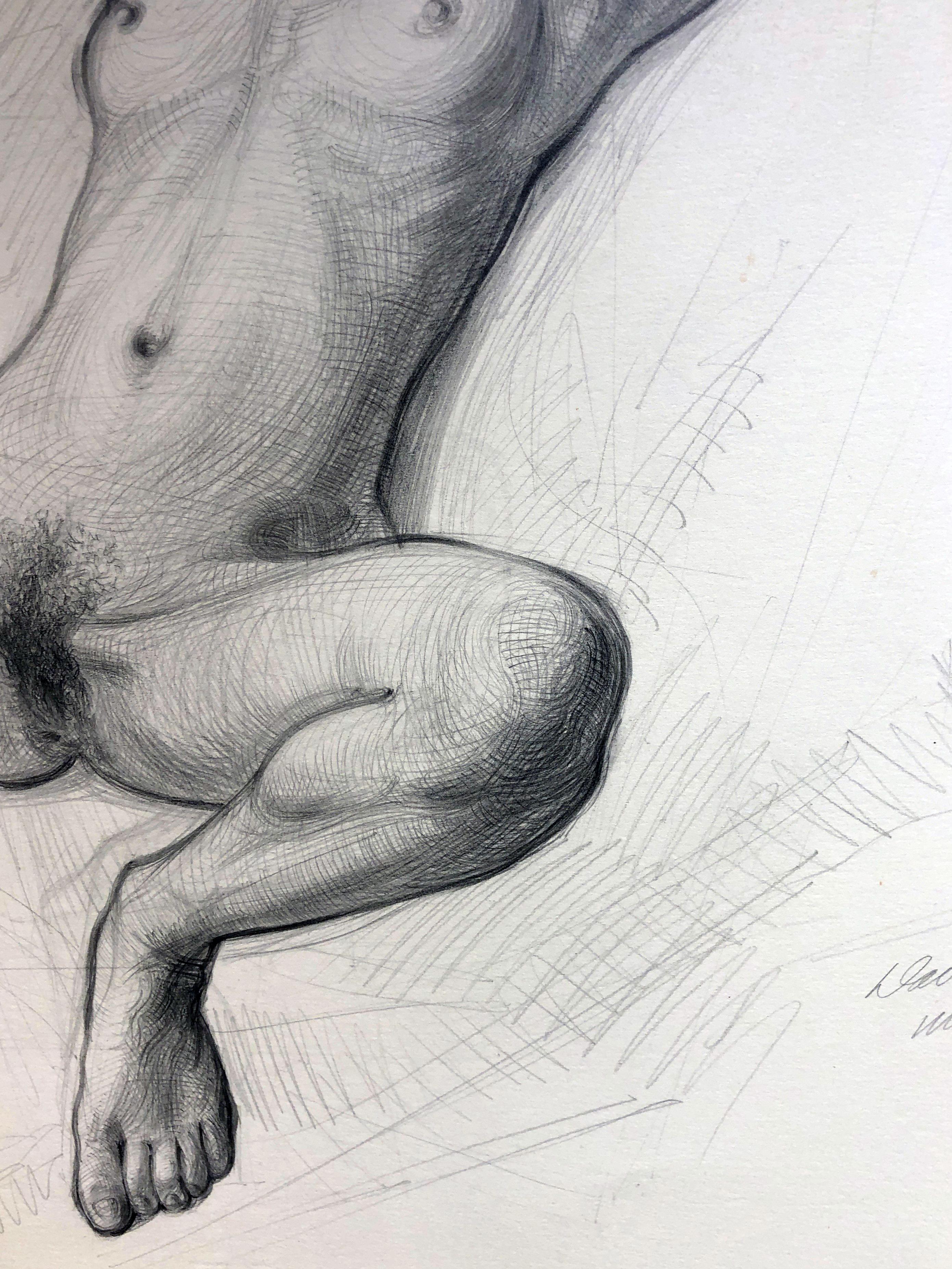 A single nude female is the subject of this study for a much larger work by David Becker.  Focusing on the contours created by the interplay of light and dark values on the surfaces of her body, Becker brings together these fine lines with  the