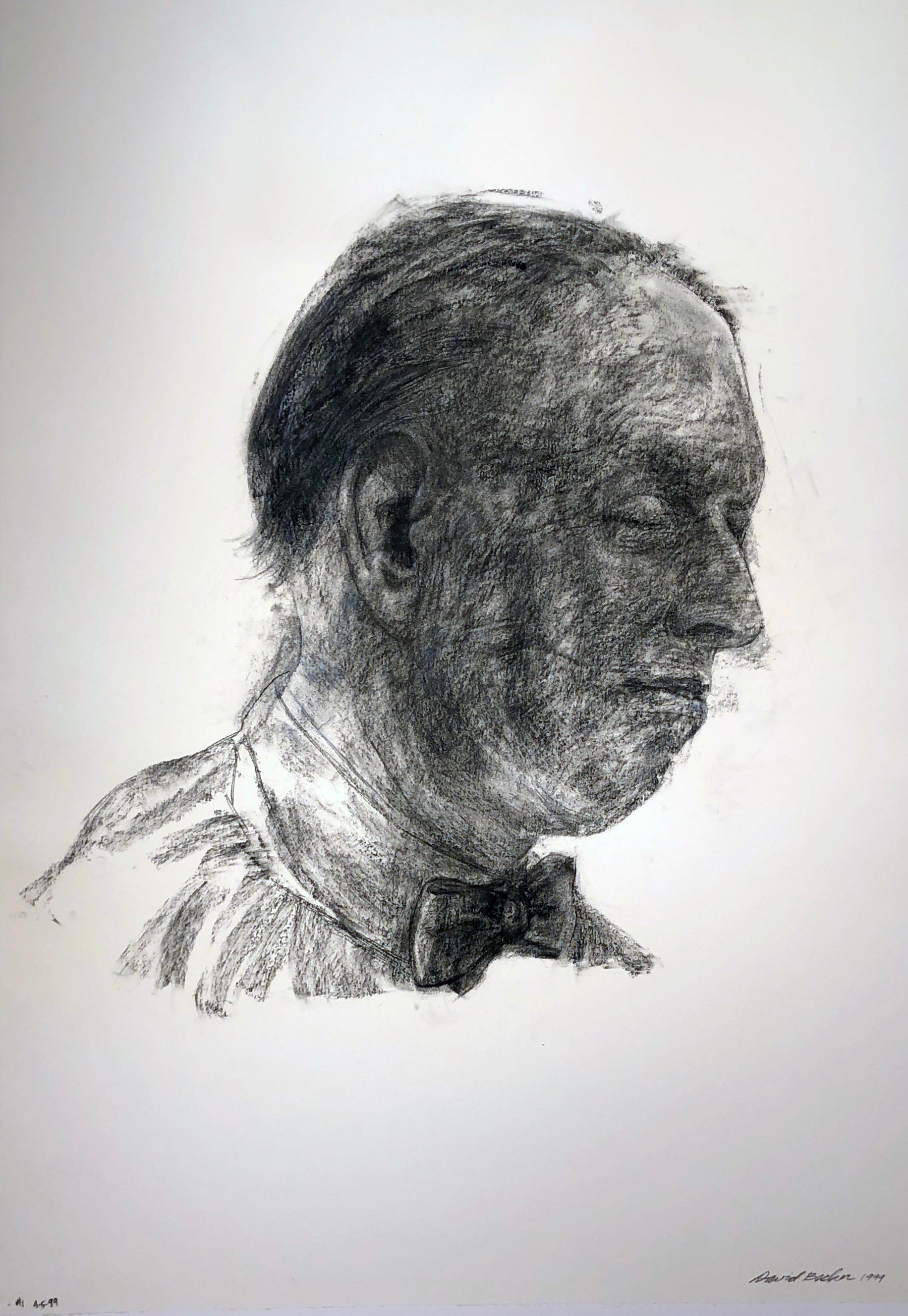 Reflection #1, Charcoal Drawing of a Man Gazing Down, Wearing a Bow Tie