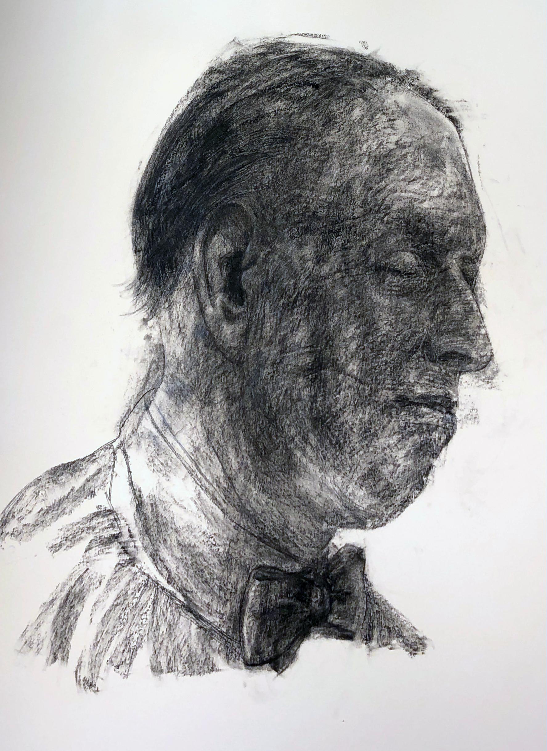 Reflection #1, Charcoal Drawing of a Man Gazing Down, Wearing a Bow Tie - Art by David Becker