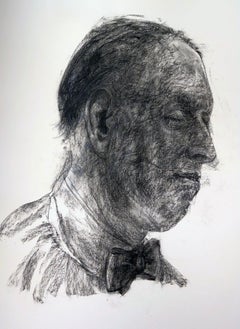 Reflection #1, Charcoal Drawing of a Man Gazing Down, Wearing a Bow Tie