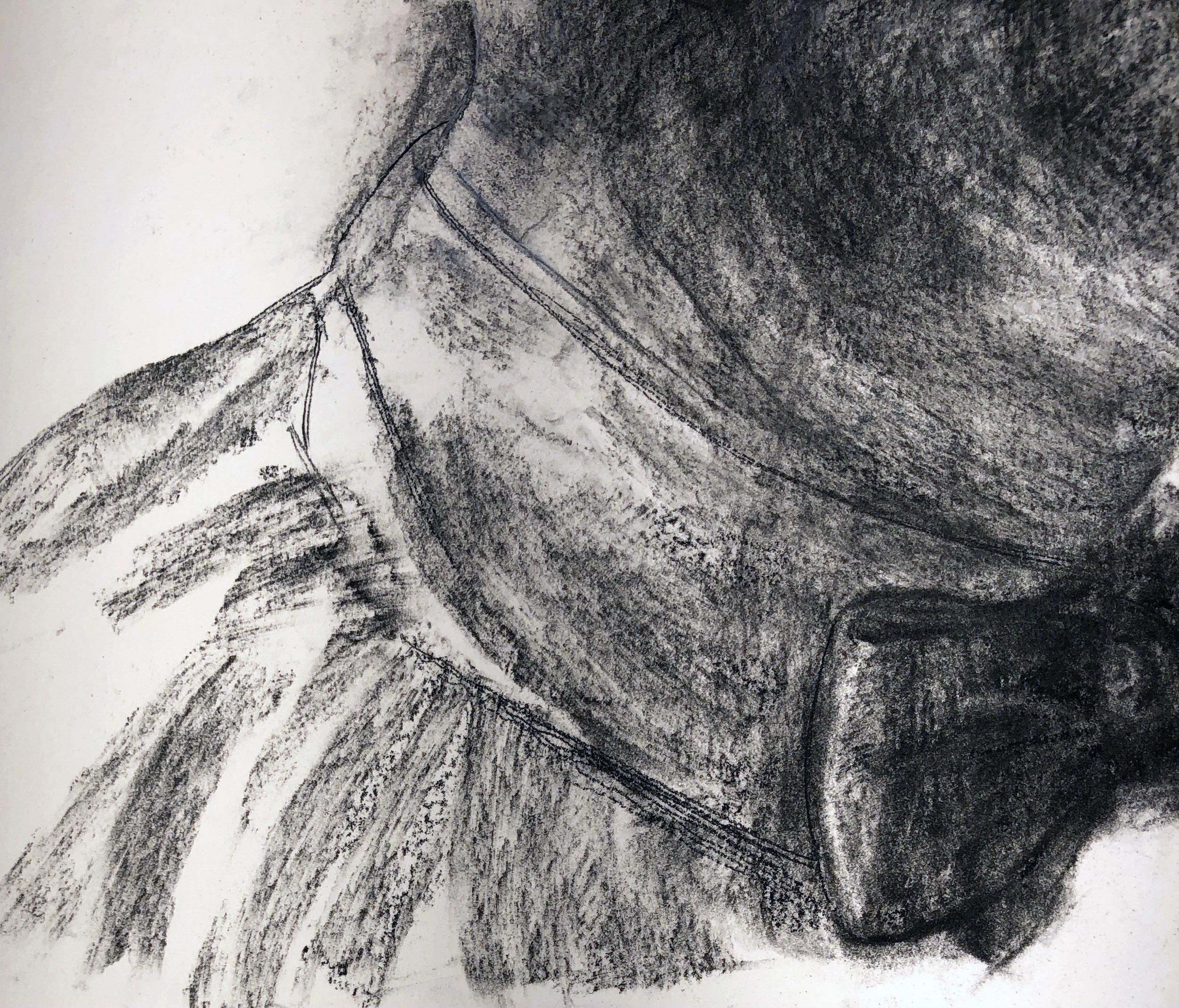 Reflection #1, Charcoal Drawing of a Man Gazing Down, Wearing a Bow Tie For Sale 1