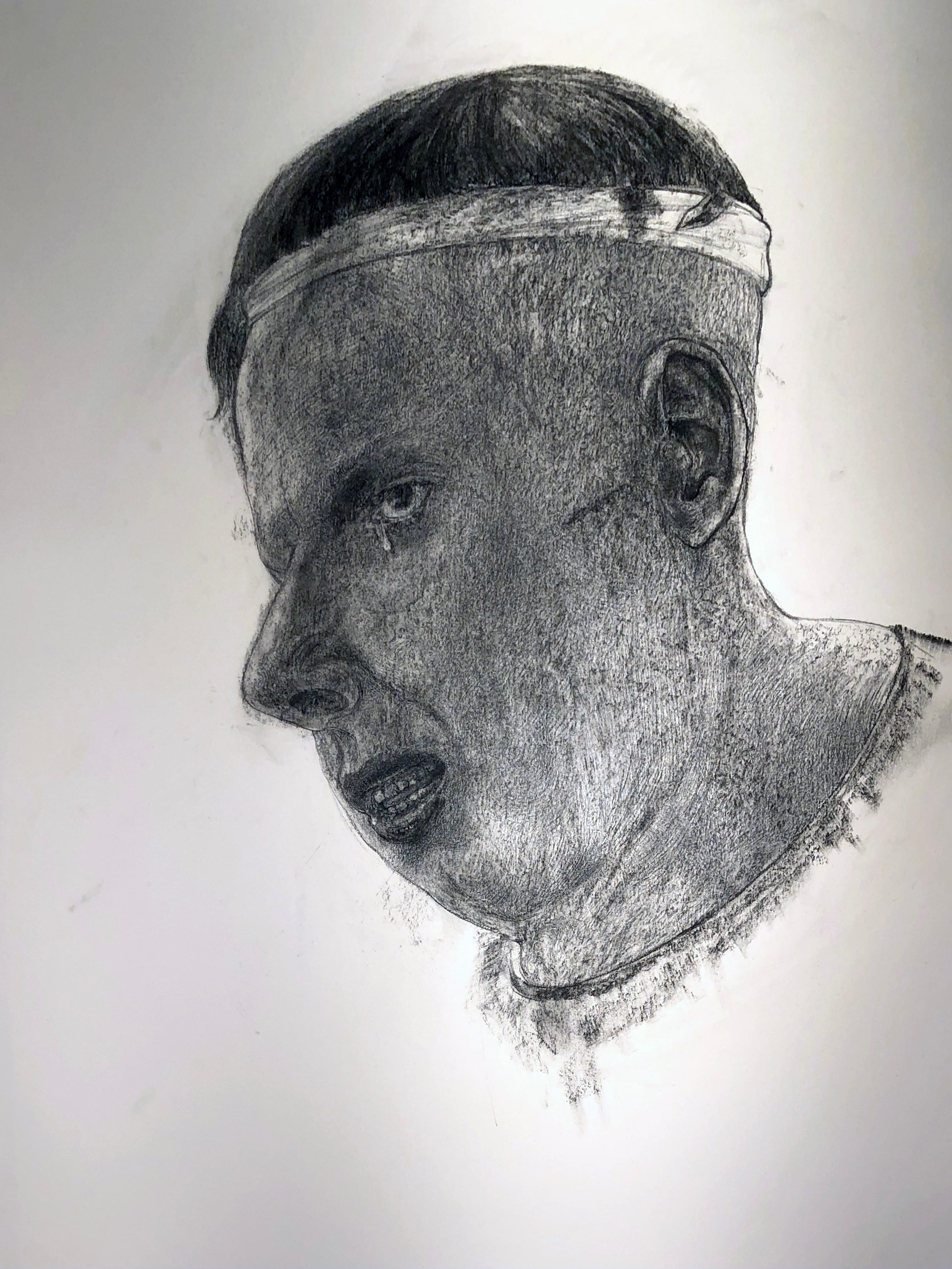 Sweat Band #3, Charcoal Drawing, Bust of a Man Wearing a Sweat Band - Art by David Becker
