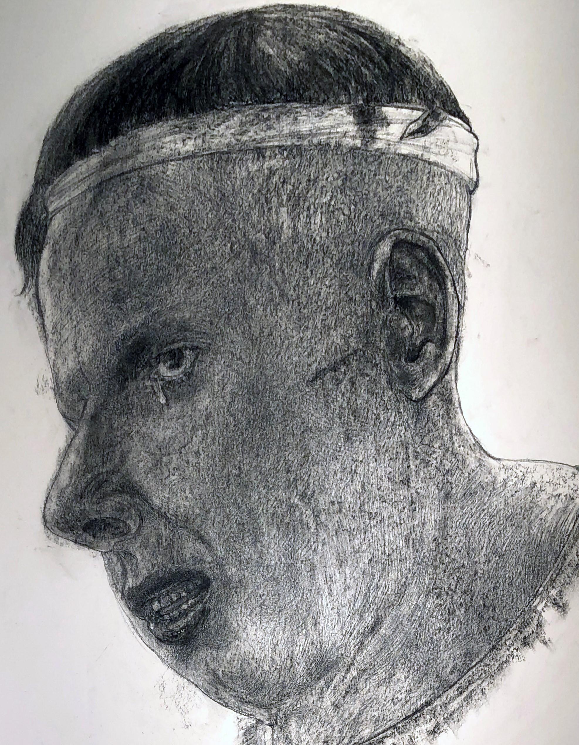 Sweat Band #3, Charcoal Drawing, Bust of a Man Wearing a Sweat Band - Contemporary Art by David Becker