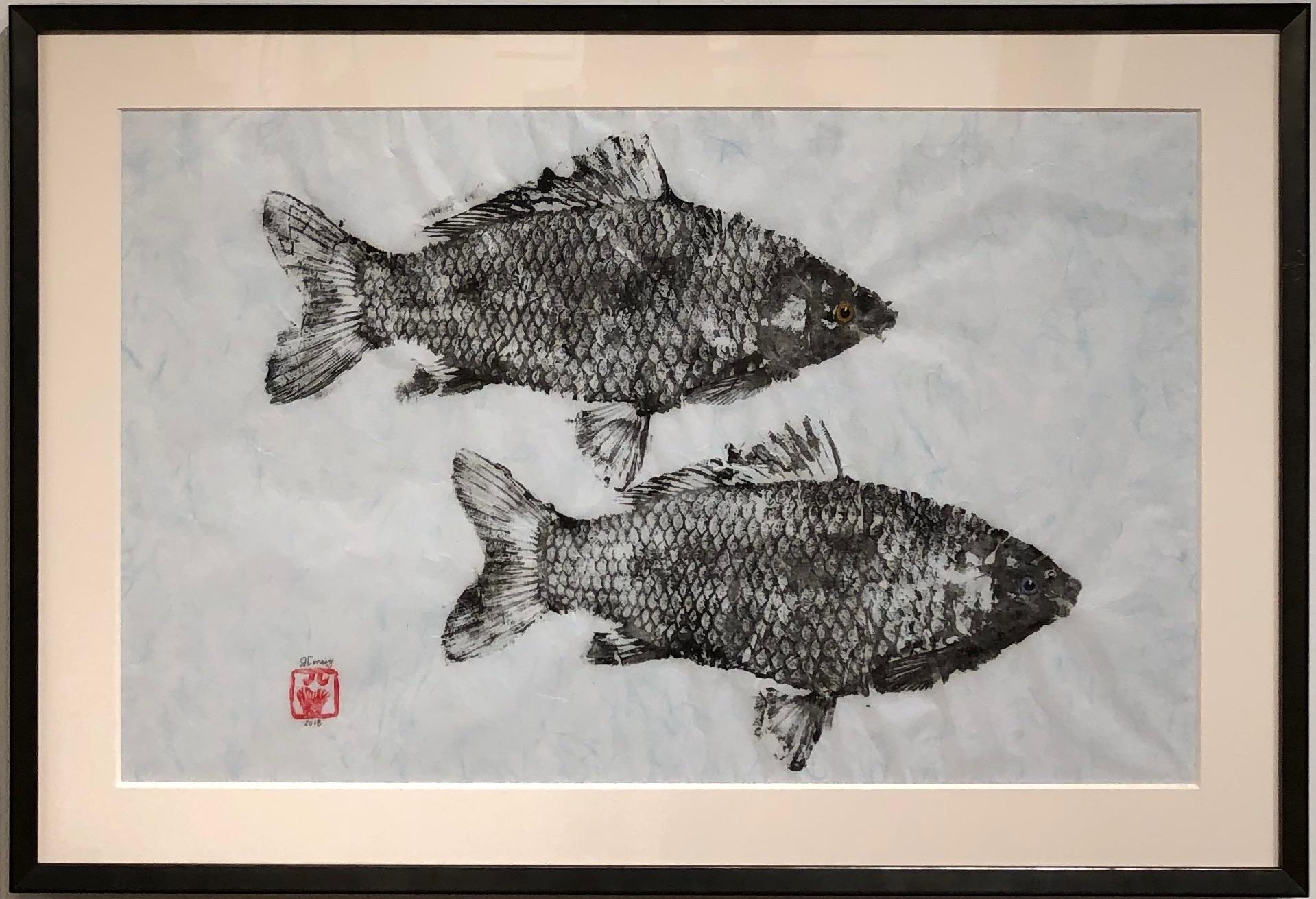 Primary Colors, Gyotako Japanese Style Painting of  Double Fish, Matted & Framed - Contemporary Art by Jeff Conroy