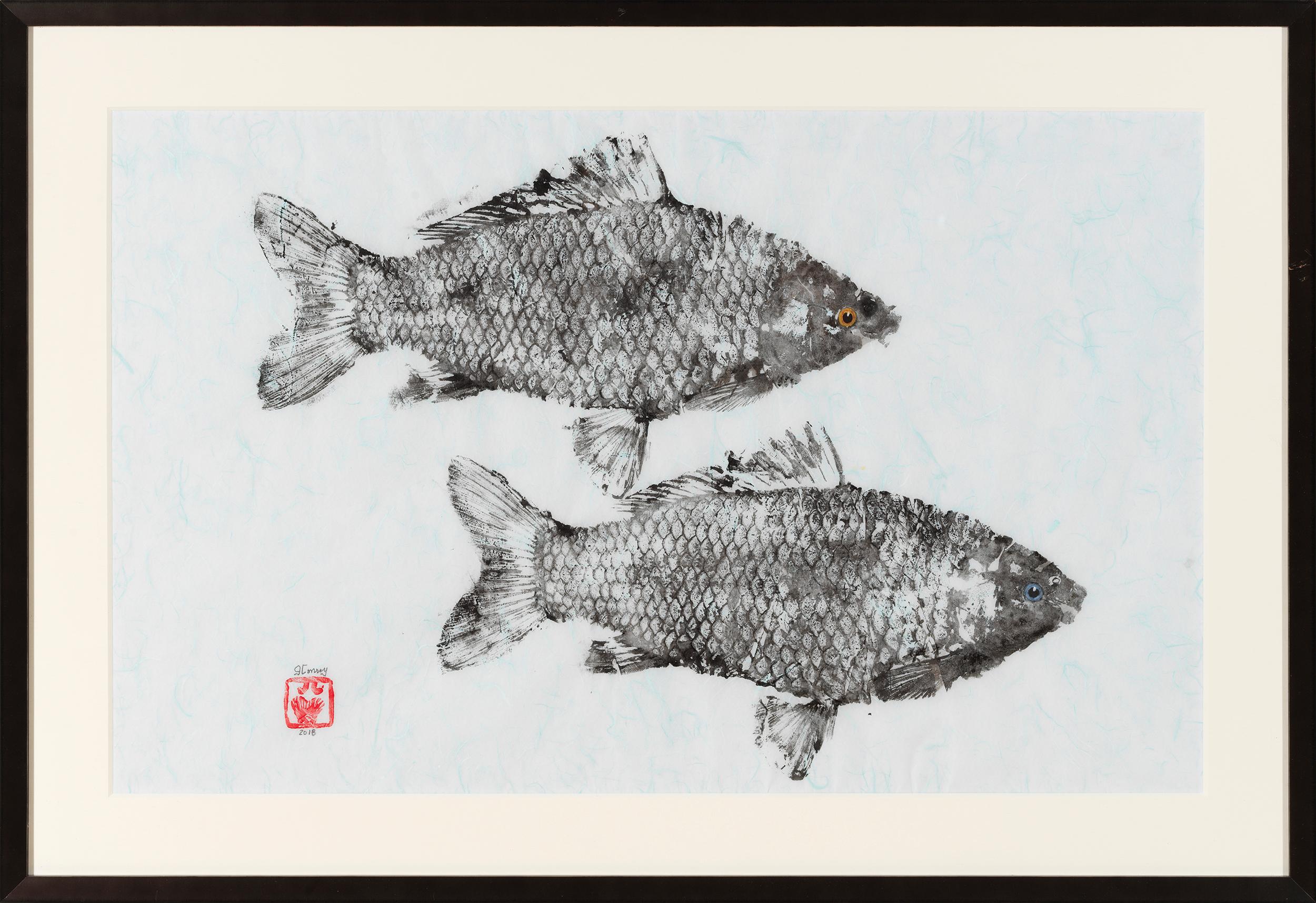 Jeff Conroy Animal Art - Primary Colors, Gyotako Japanese Style Painting of  Double Fish, Matted & Framed