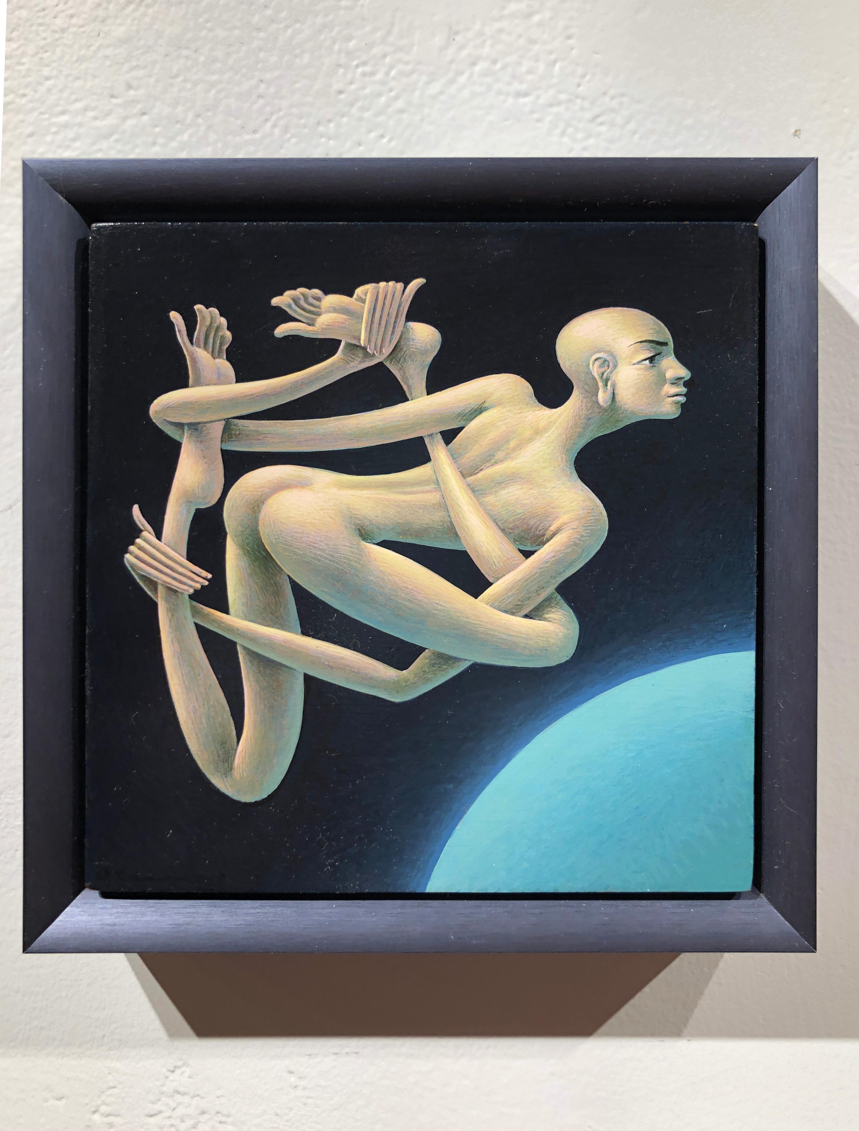 Loft Oberon - Nude Figure with Elongated Twisted Limbs Floating in Space, Framed - Painting by Oliver Hazard Benson