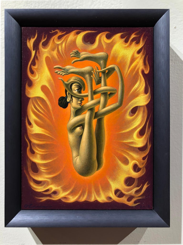 Shakti Dysnomia - Hindu Goddess in Quite Difficult Yoga Pose on Flame Background - Painting by Oliver Hazard Benson