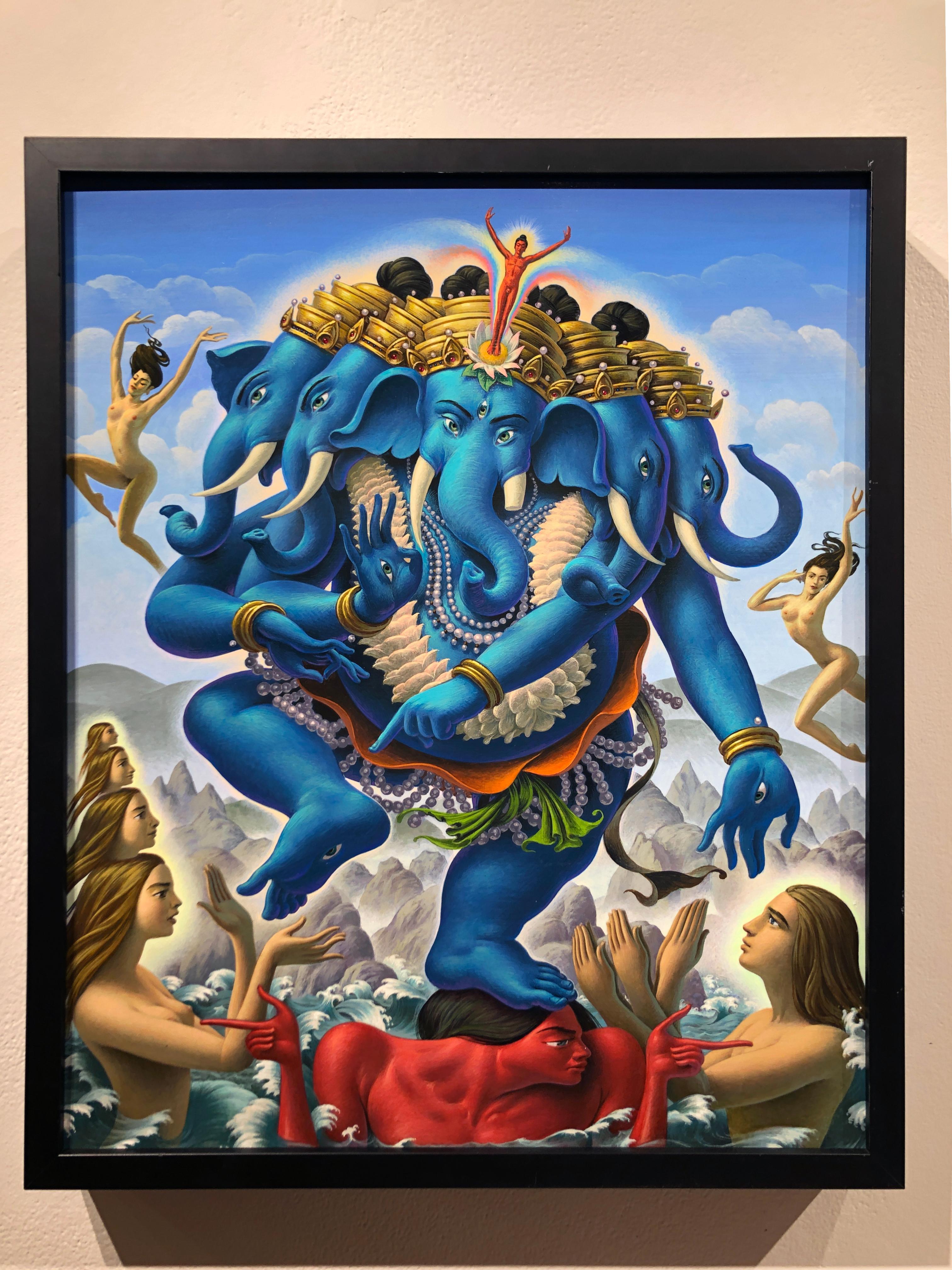 Ganesh at the Maelstrom - Highly Detailed Surreal, Symbolic Painting - Gray Animal Painting by Oliver Hazard Benson