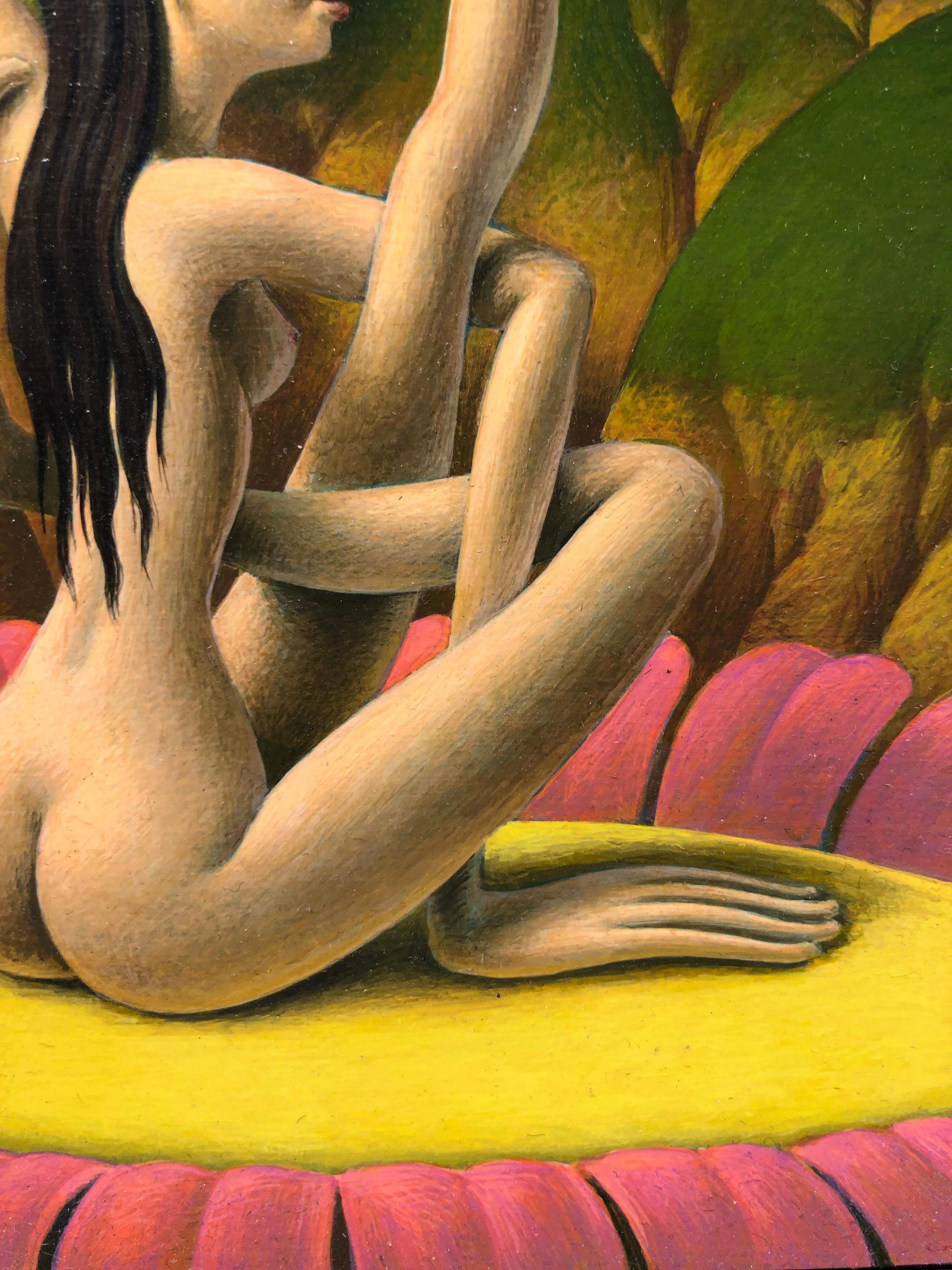 Yogini, Female Nude in a Quite Impossible Yoga Pose, Acrylic on Panel, Framed - Surrealist Painting by Oliver Hazard Benson