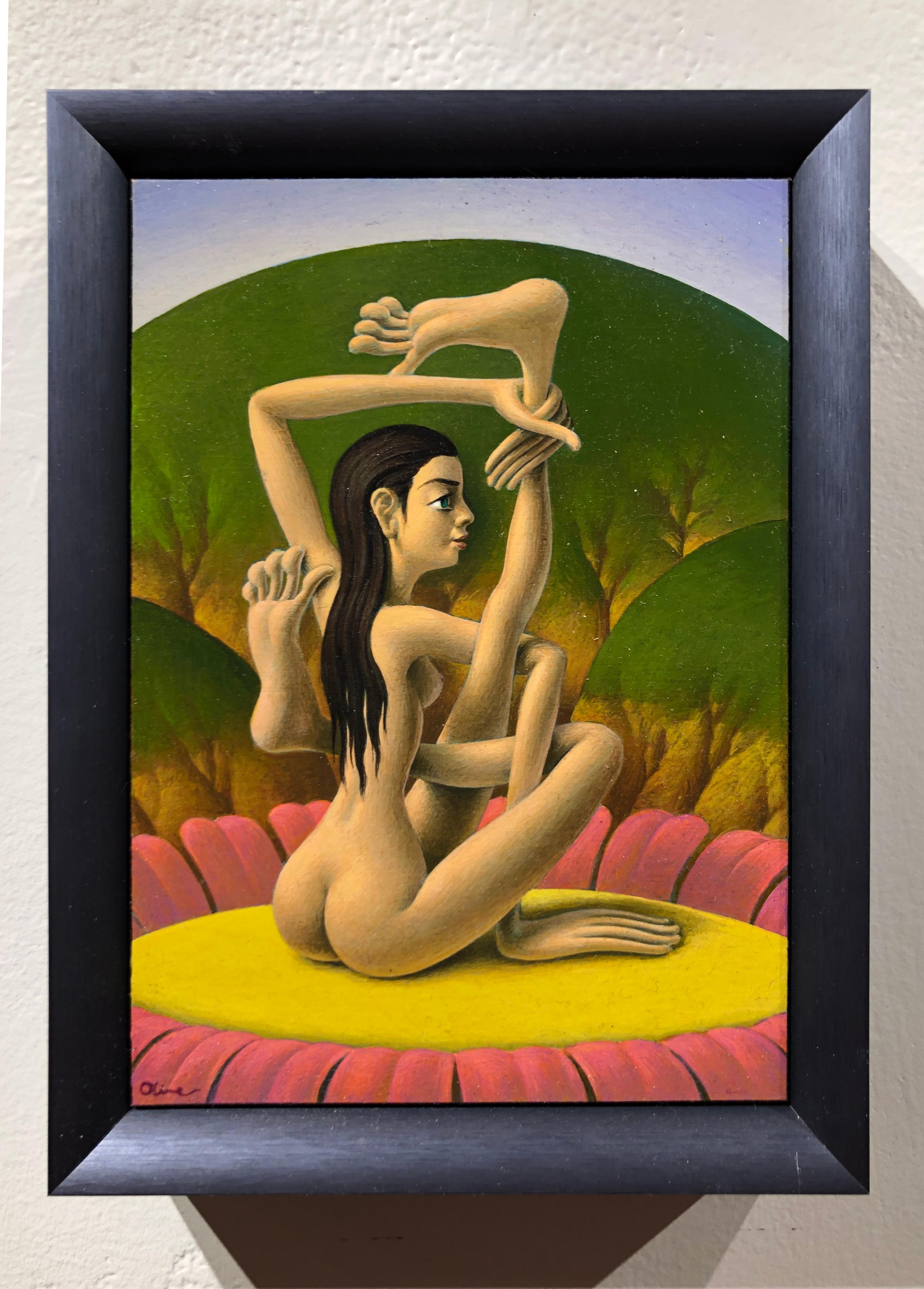Yogini, Female Nude in a Quite Impossible Yoga Pose, Acrylic on Panel, Framed - Painting by Oliver Hazard Benson
