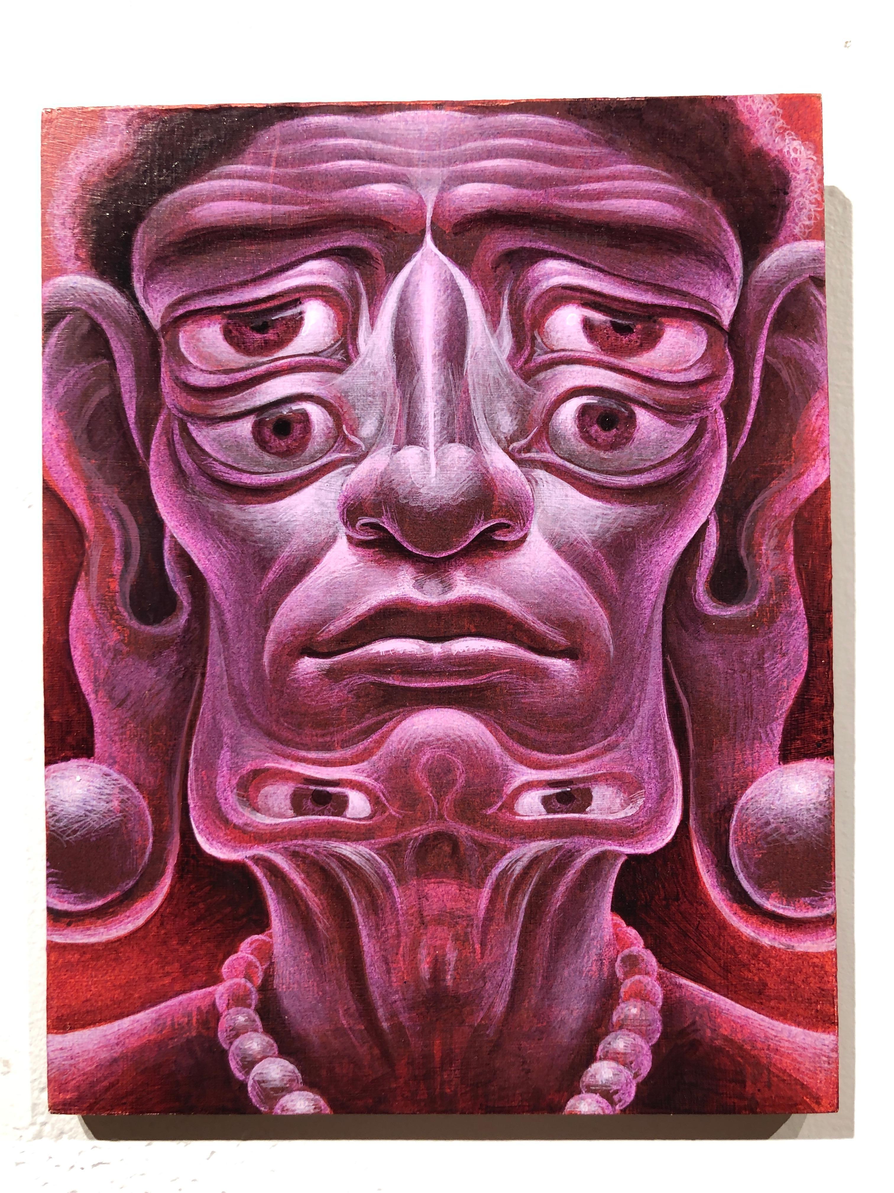 Totemic Arhat - Surreale buddhistische Figur der Erleuchtung, Acryl auf Tafel – Painting von Oliver Hazard Benson