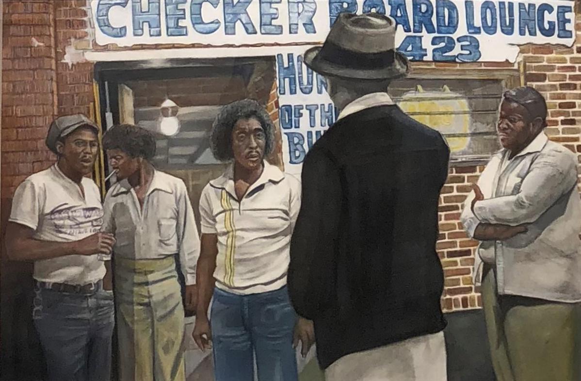 Margie Lawrence Figurative Art - Buddy Guy at the Checkerboard Lounge, Watercolor and Graphite on Paper, Framed