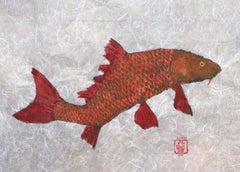 Crooked Carp - Japanese Style Gyotaku Painting of Red Fish on Mulberry Paper