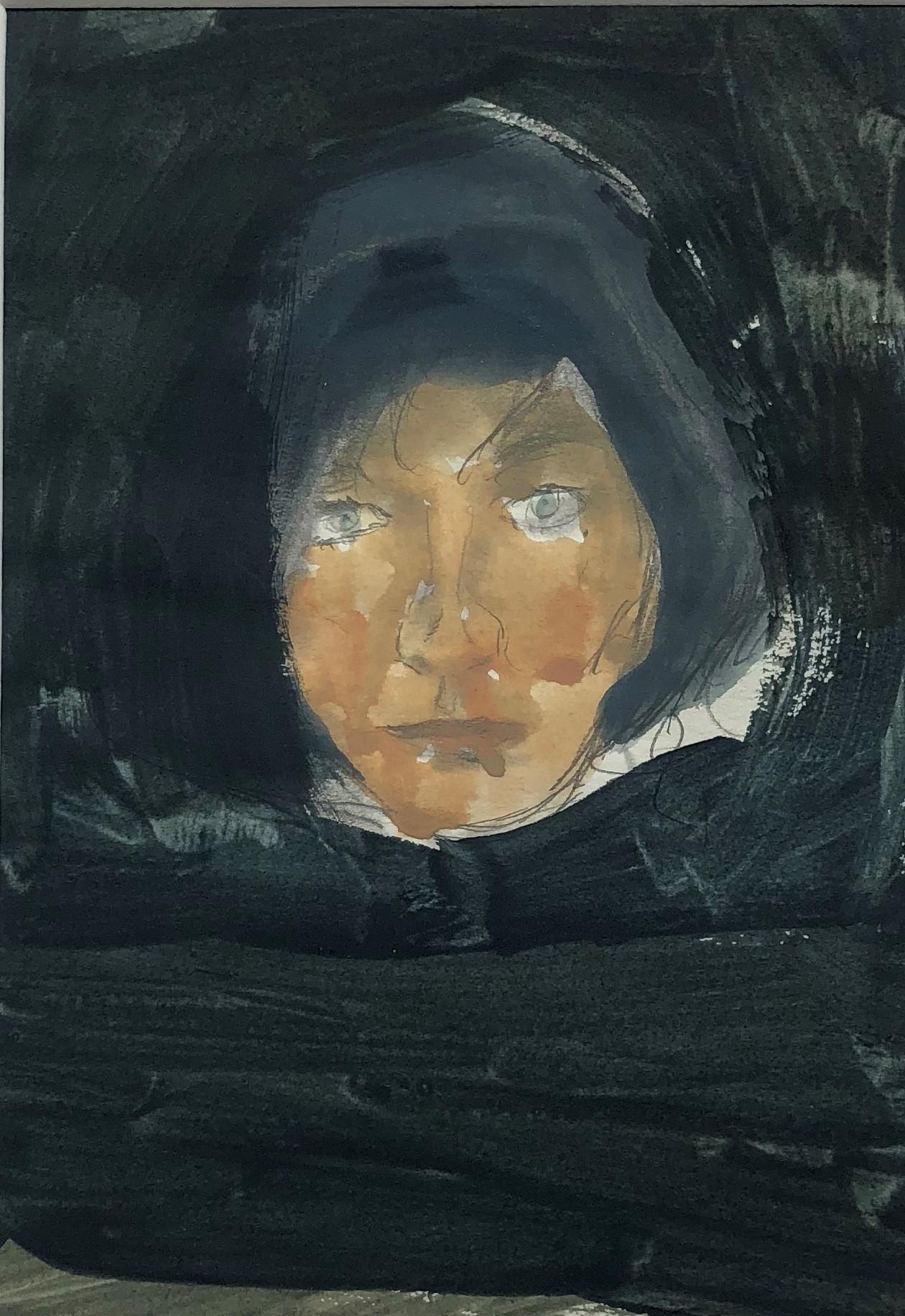 Figurative Art de Eduardo Alvarado - Máscara femenina, acuarela y grafito sobre papel en tonos azul marino, negro y marrón