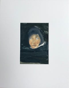 Female Mask, Watercolor and Graphite on Paper in Shades of Navy, Black & Brown