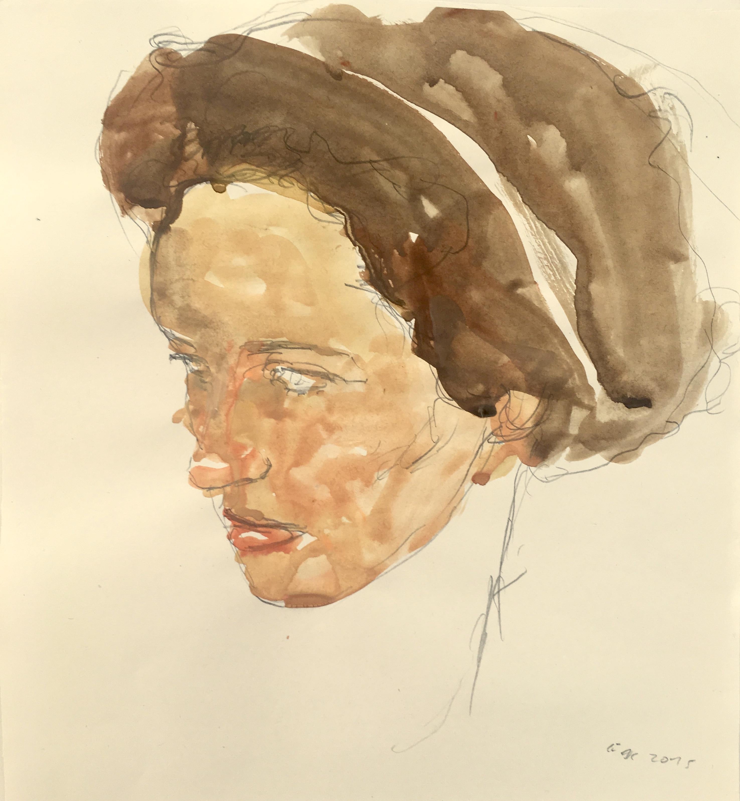Lady, Watercolor and Graphite Painting of a Female in Muted Browns