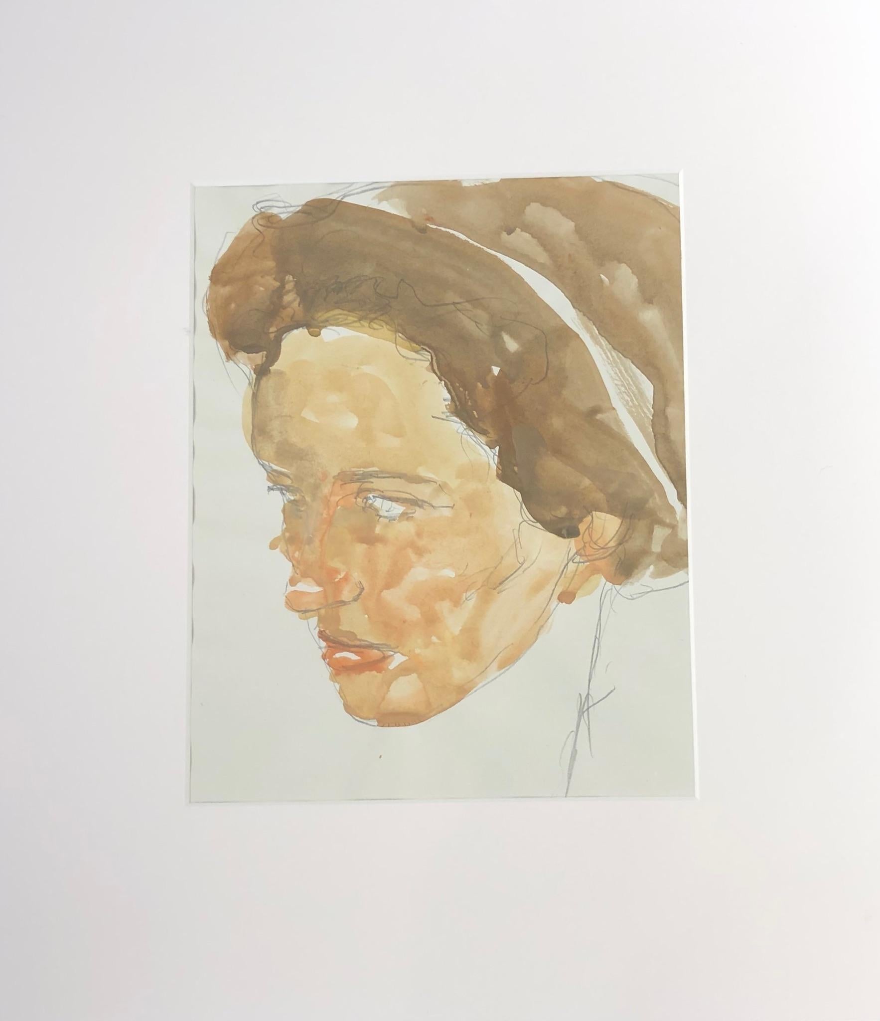 Femme, peinture à l'aquarelle et au graphite d'une femme aux bruns sourdes - Art de Eduardo Alvarado