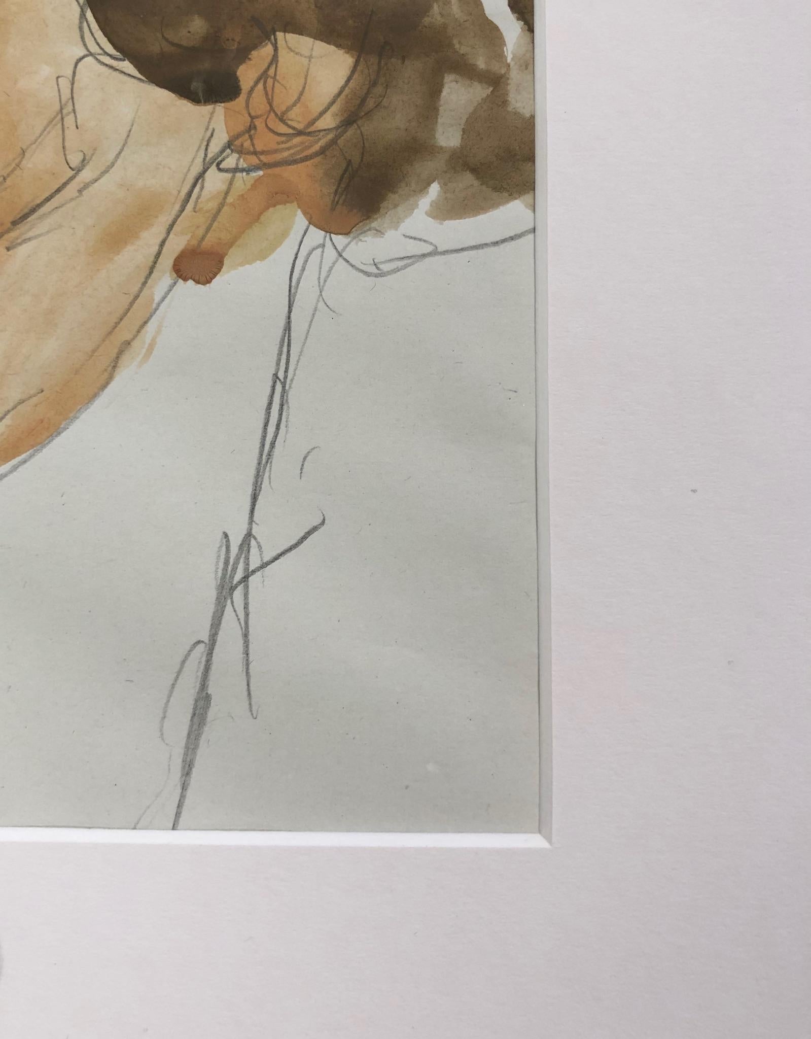 Femme, peinture à l'aquarelle et au graphite d'une femme aux bruns sourdes - Beige Figurative Art par Eduardo Alvarado