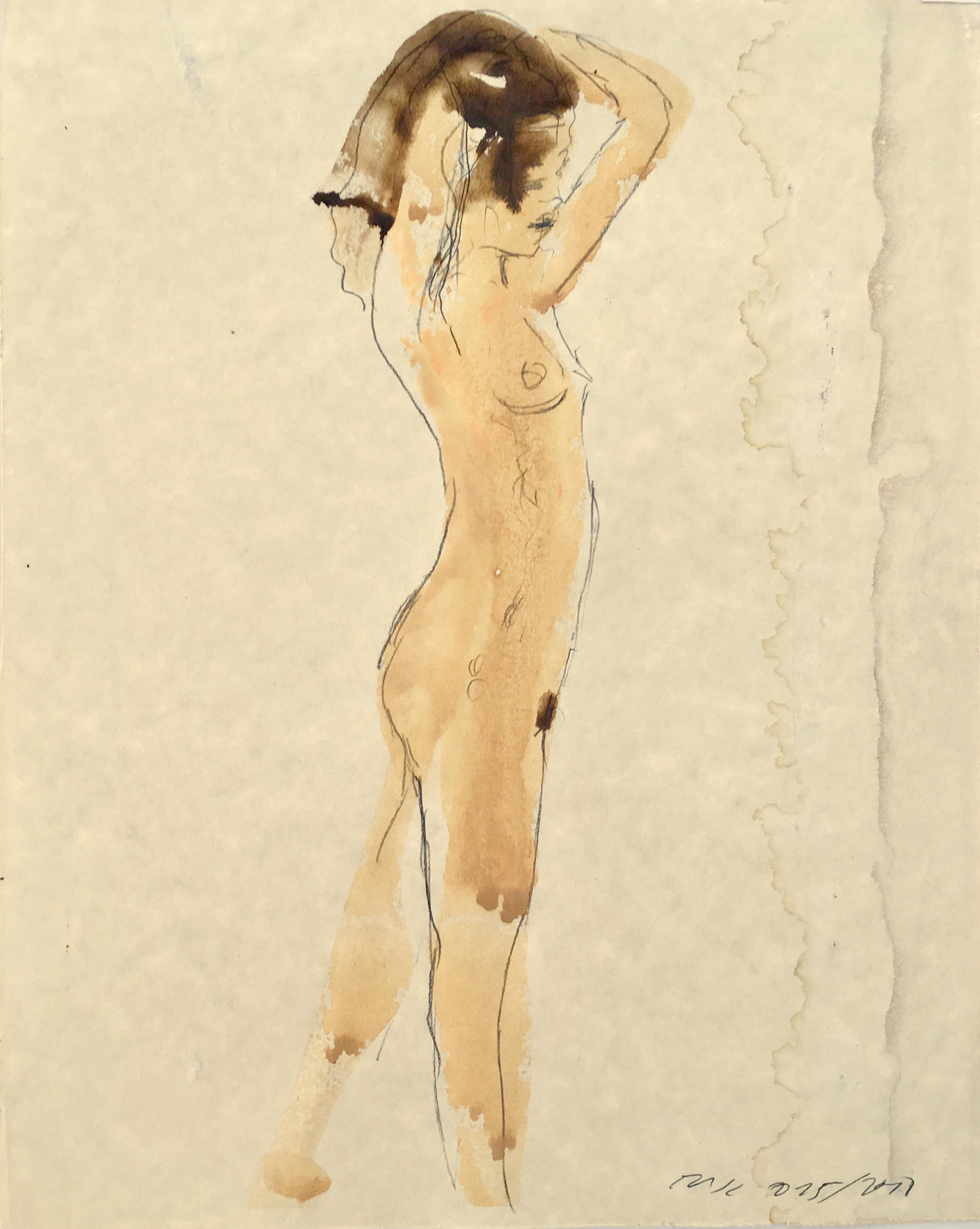 Nude Eduardo Alvarado - Nu féminin debout, aquarelle et graphite sur papier dans des tons terreux sourds