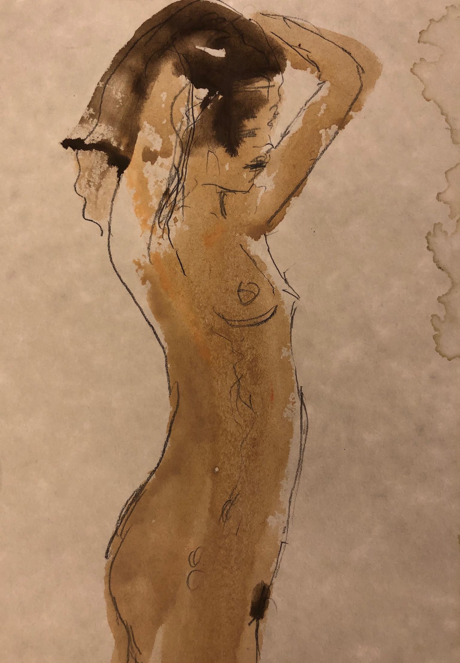 Nu féminin debout, aquarelle et graphite sur papier dans des tons terreux sourds - Contemporain Art par Eduardo Alvarado