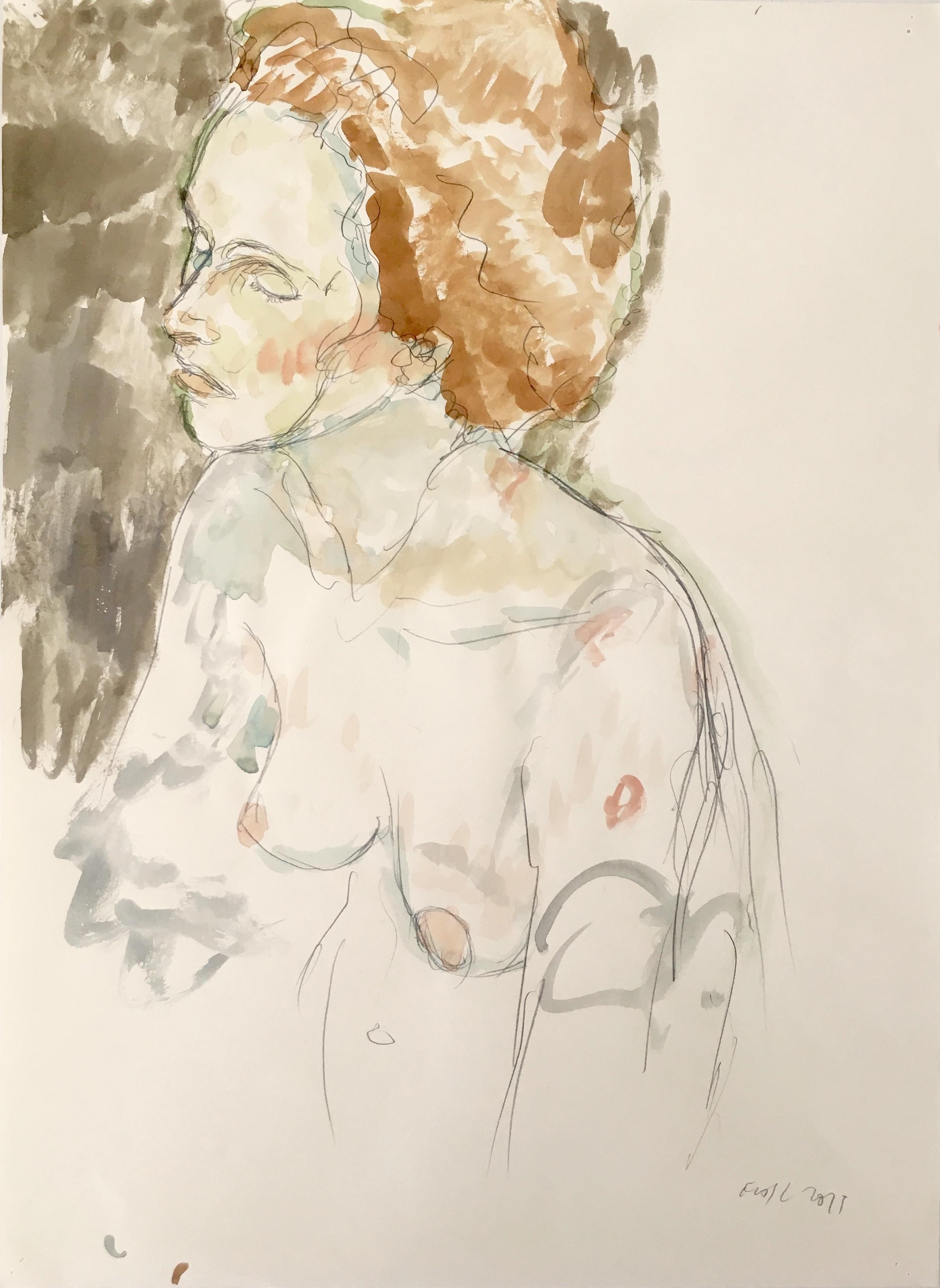 Torse de femme nue, aquarelle et graphite dans des tons terreux sourds