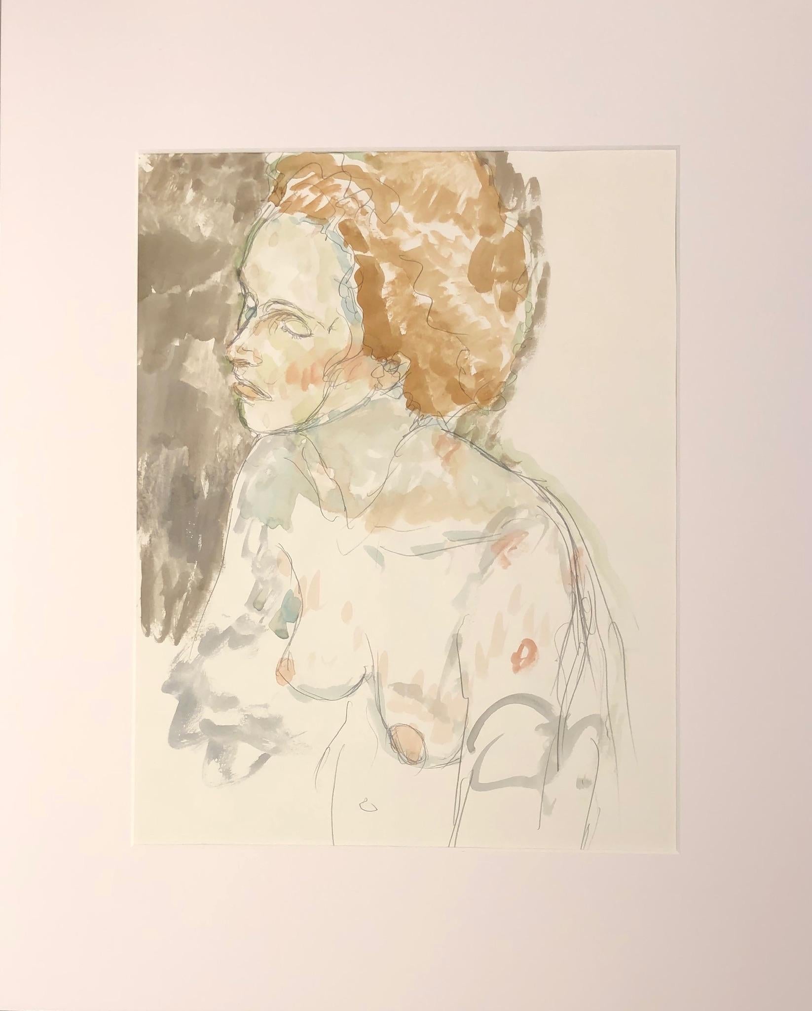 Torse de femme nue, aquarelle et graphite dans des tons terreux sourds - Art de Eduardo Alvarado