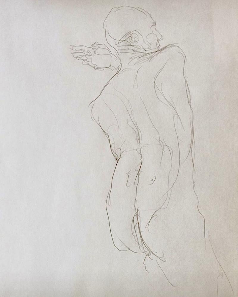 Nude Male Back, Graphite Drawing on Paper, Matted