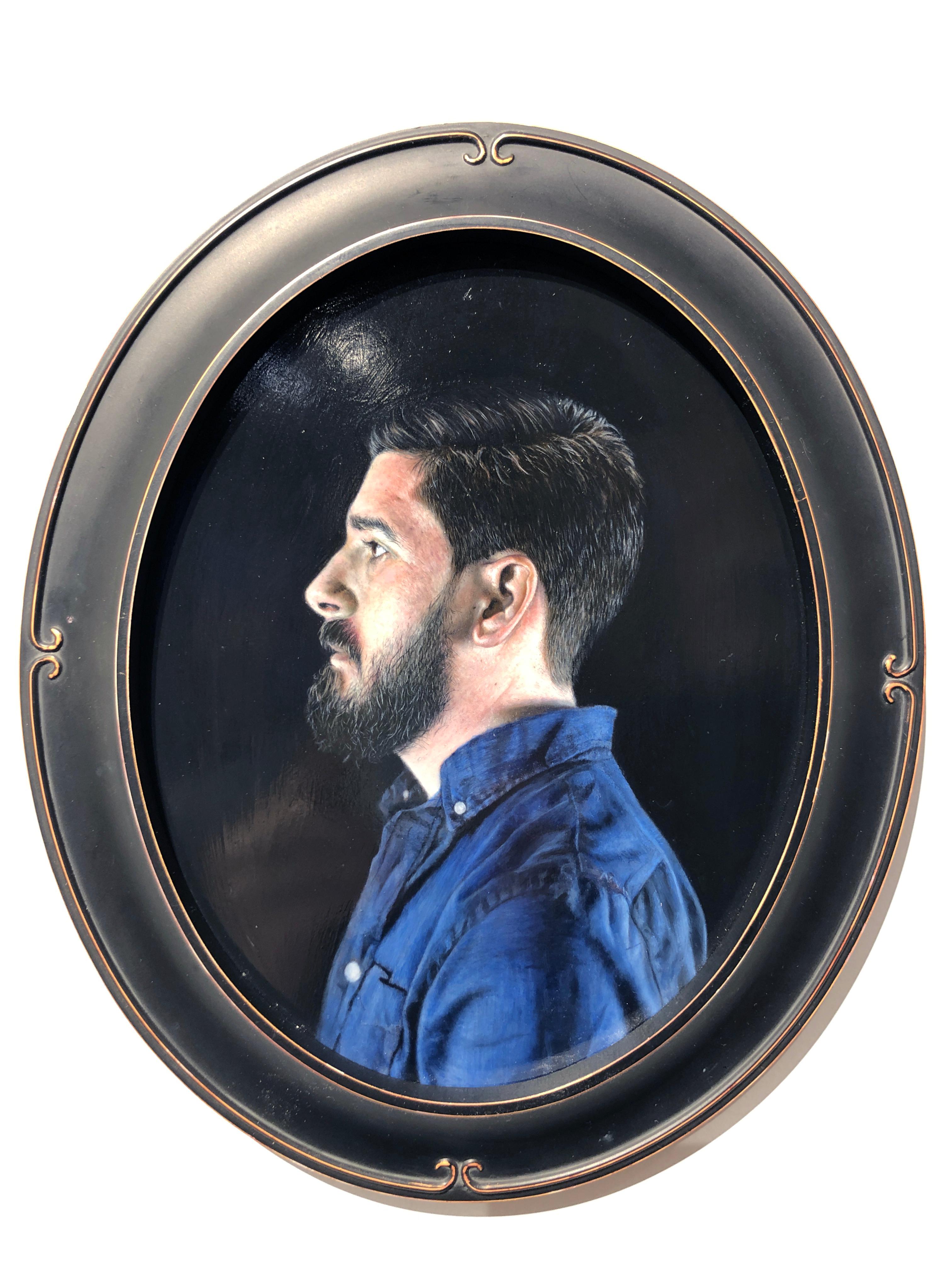 Profil des Künstlers - Ovales Porträtgemälde in außergewöhnlicher Detailgenauigkeit – Painting von Matthew Cook