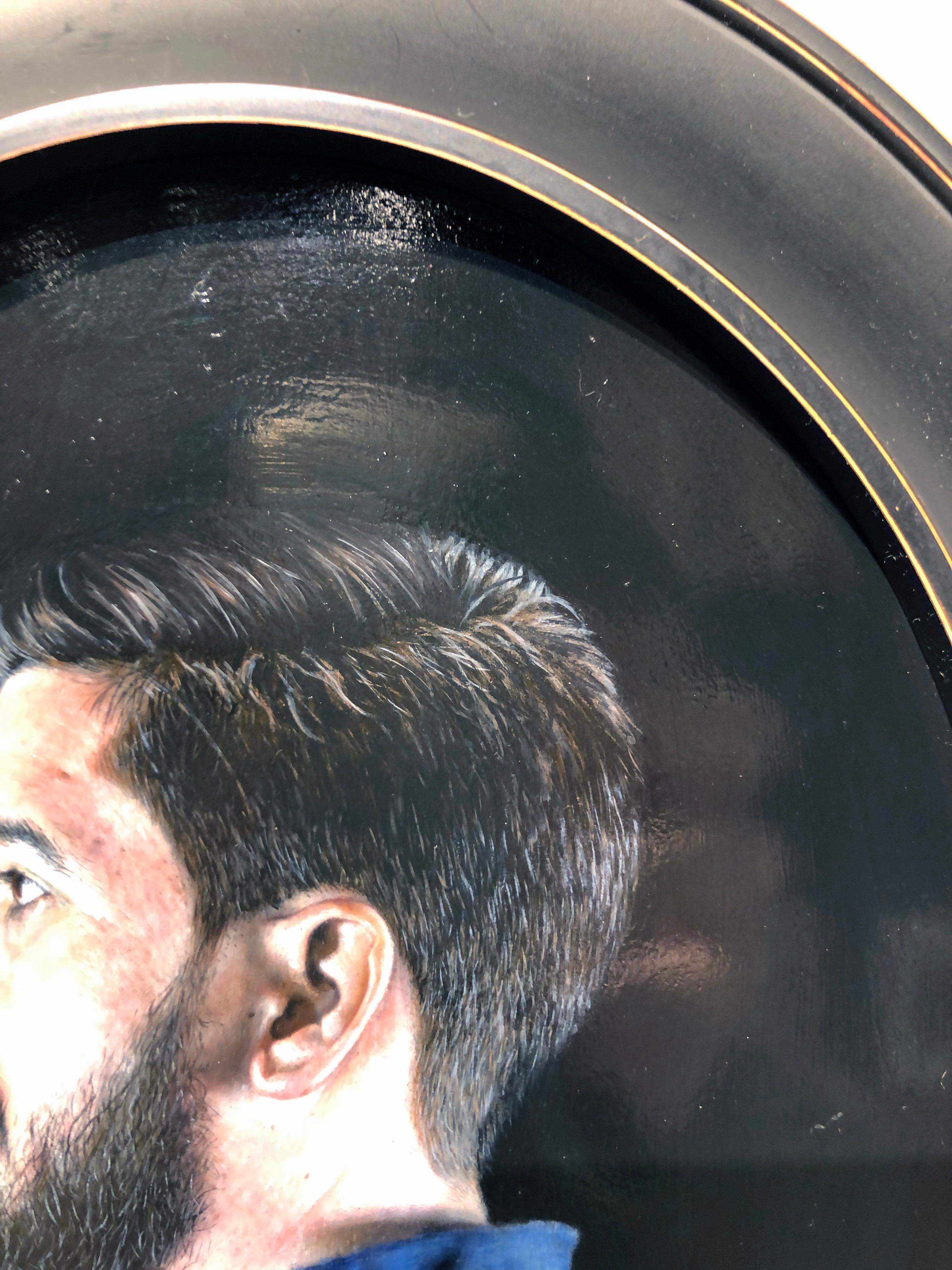 The Artist in Profile - Oval Shaped Portrait Painting in Extraordinary Detail - Black Figurative Painting by Matthew Cook