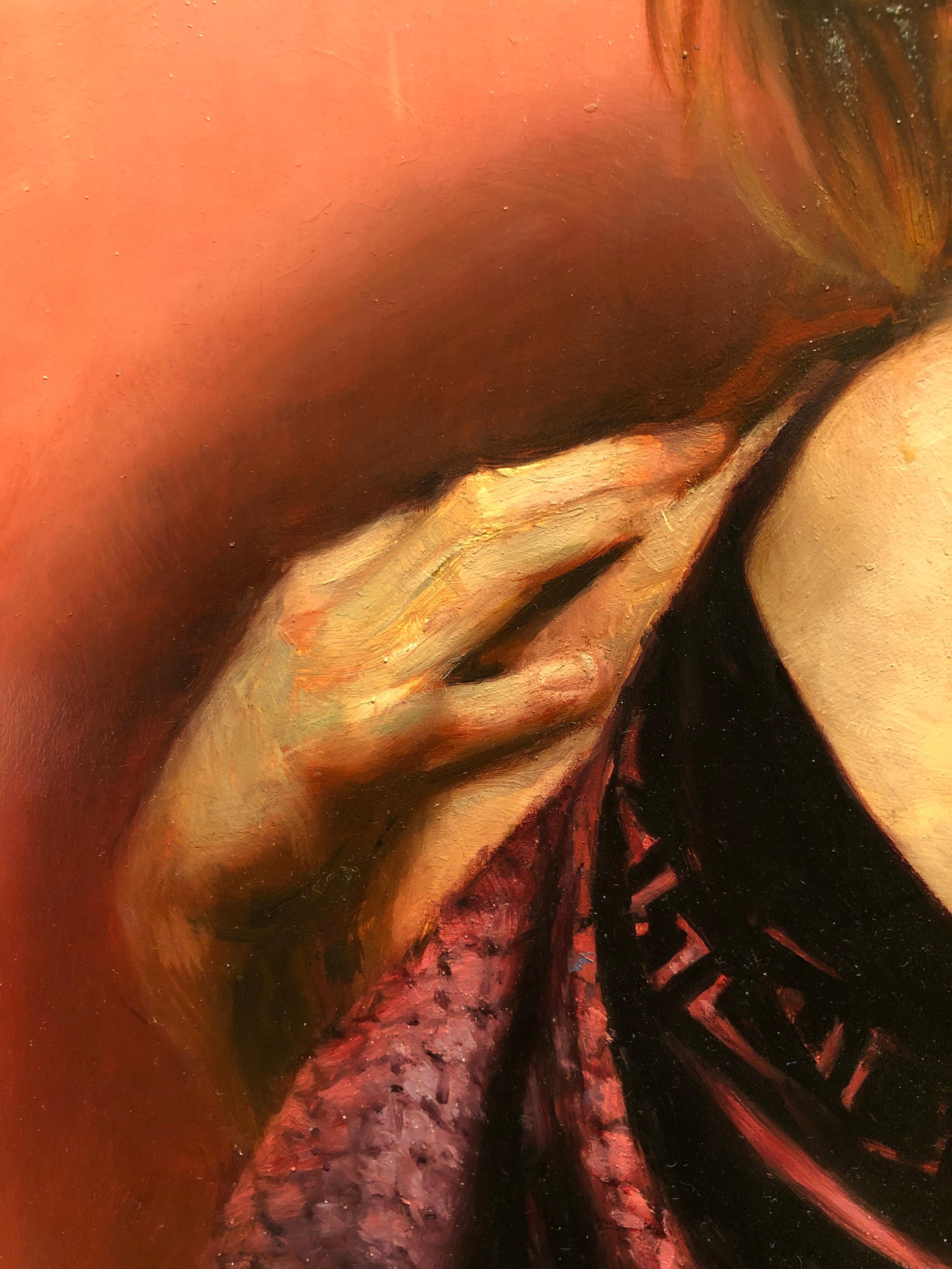 Rosa Raum – weibliche Figur in Stoff drapiert, Original-Ölgemälde von Zack Zdrale im Angebot 2