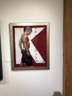 B. as K - Red Industrial Background with Shirtless Male, Oil on Panel Painting