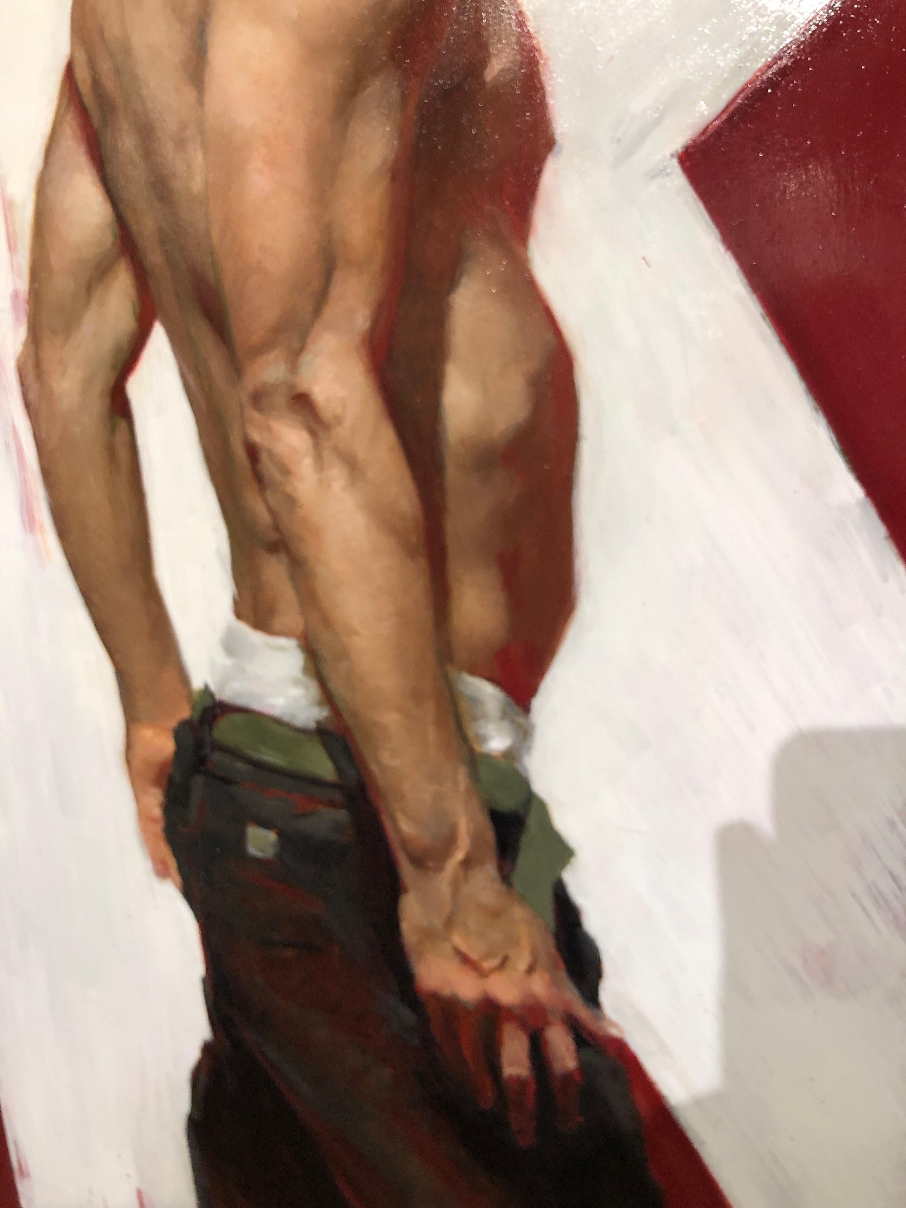 B. as K - Red Industrial Background with Shirtless Male, Oil on Panel Painting - Brown Nude Painting by Zack Zdrale